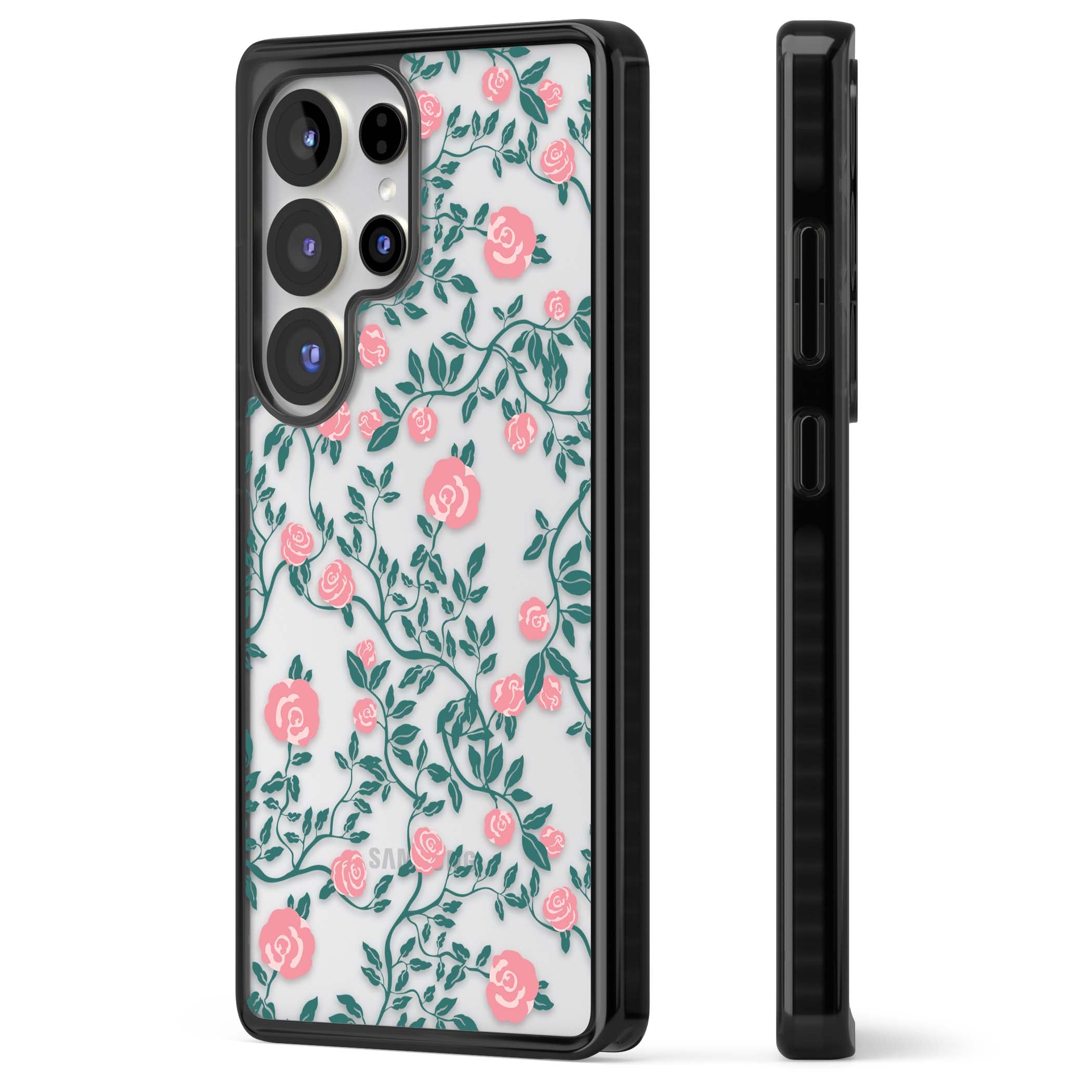 Rose Trellis (Clear) cottagecore iPhone case featuring pink climbing roses and green leaves on clear background | Black Impact case for Samsung Galaxy S25 Ultra
