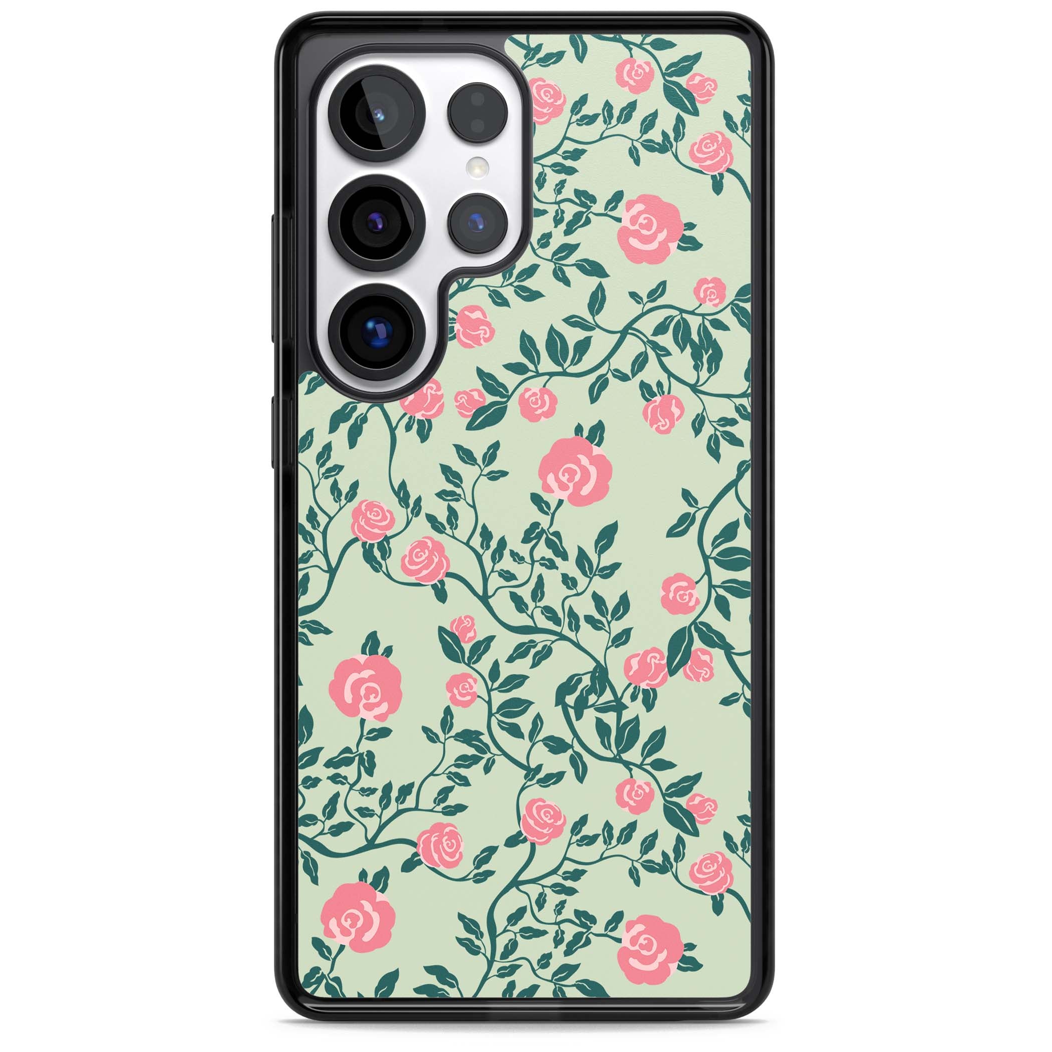 Rose Trellis cottagecore iPhone case featuring pink roses, sage green vines, and mint background | Black Impact case for Samsung Galaxy S25 Ultra