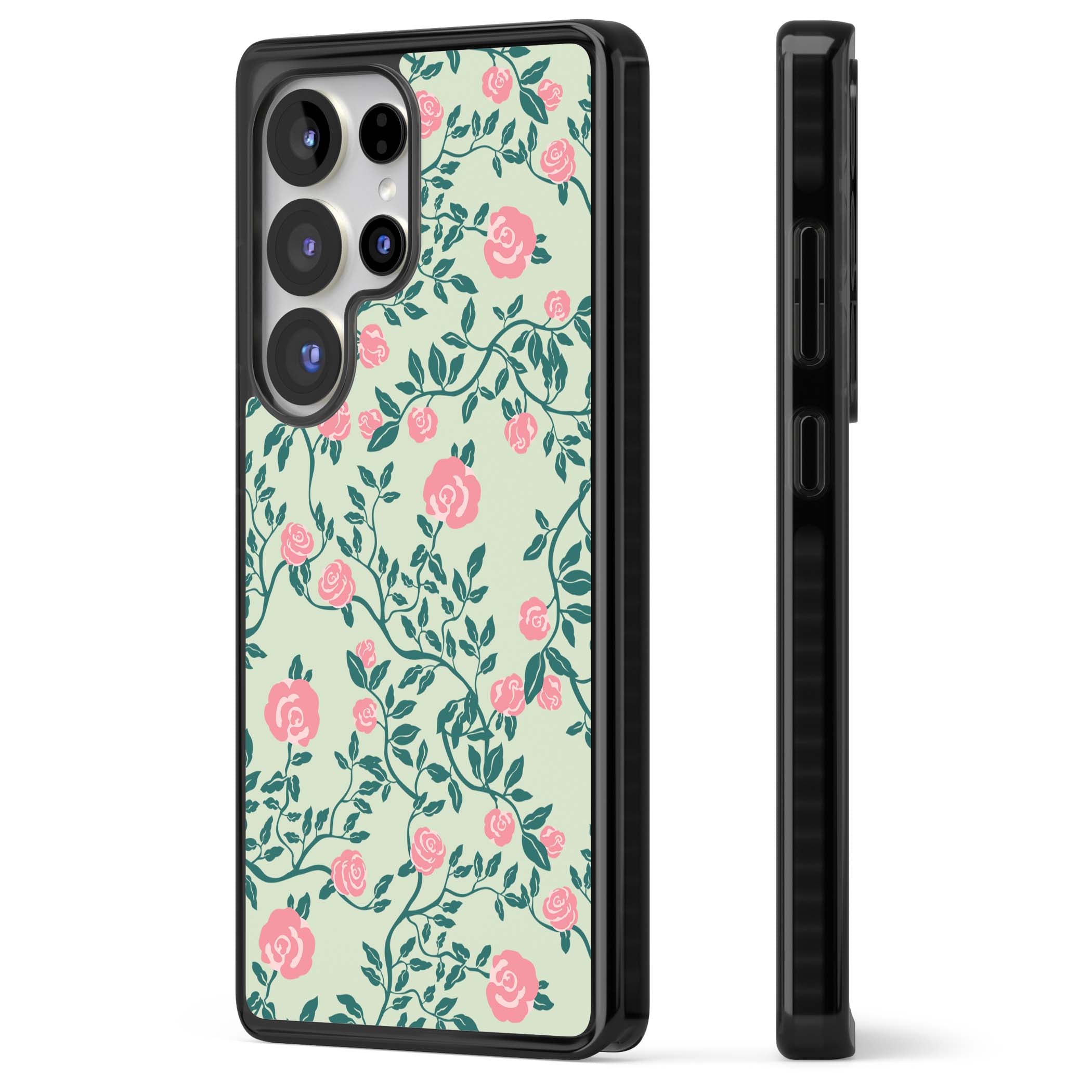 Rose Trellis cottagecore iPhone case featuring pink roses, sage green vines, and mint background | Black Impact case for Samsung Galaxy S25 Ultra