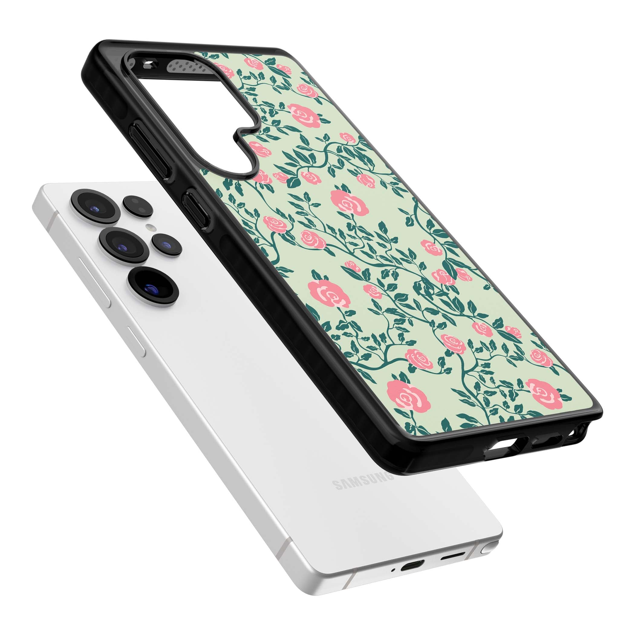 Rose Trellis cottagecore iPhone case featuring pink roses, sage green vines, and mint background | Black Impact case for Samsung Galaxy S25 Ultra