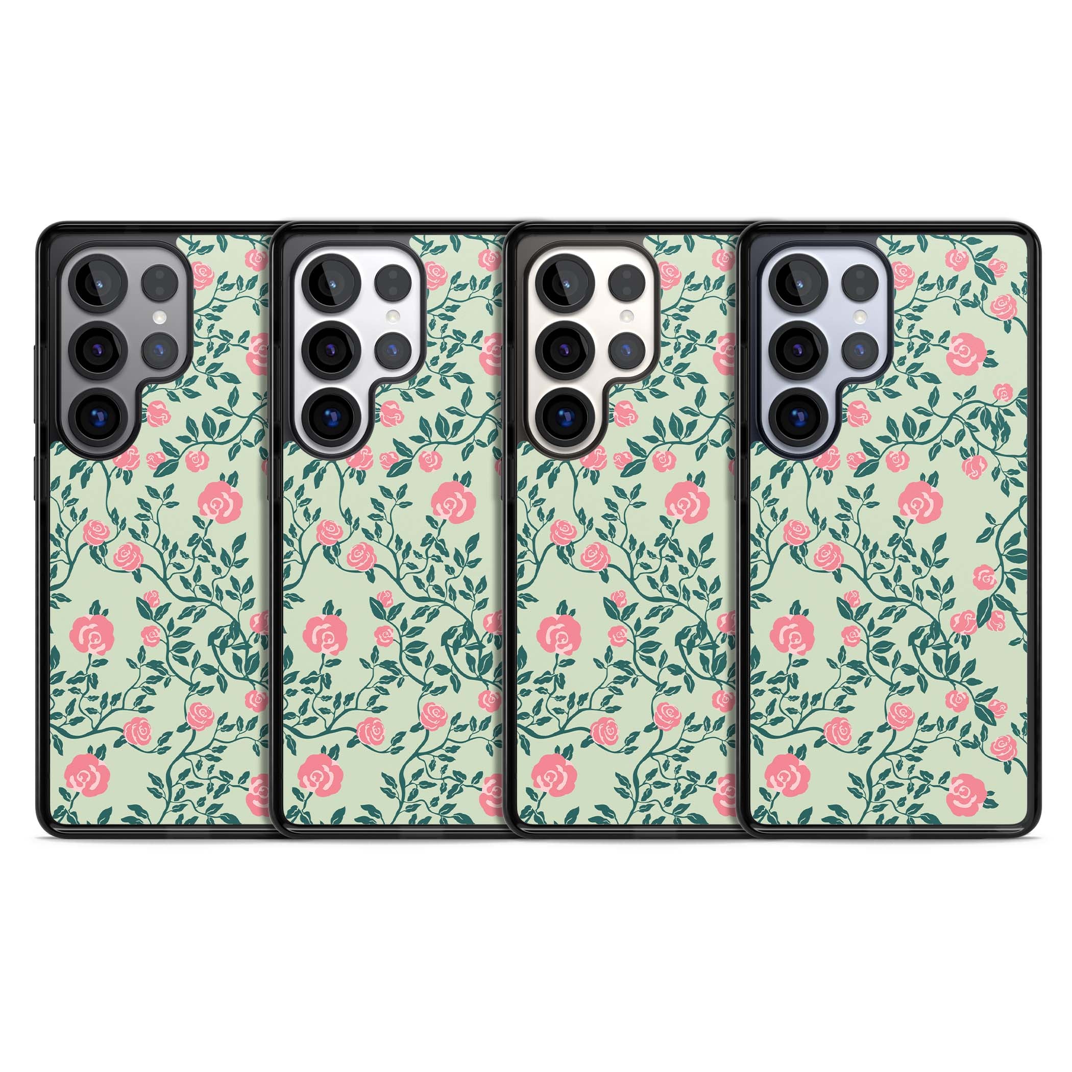 Rose Trellis cottagecore iPhone case featuring pink roses, sage green vines, and mint background | Black Impact case for Samsung Galaxy S25 Ultra