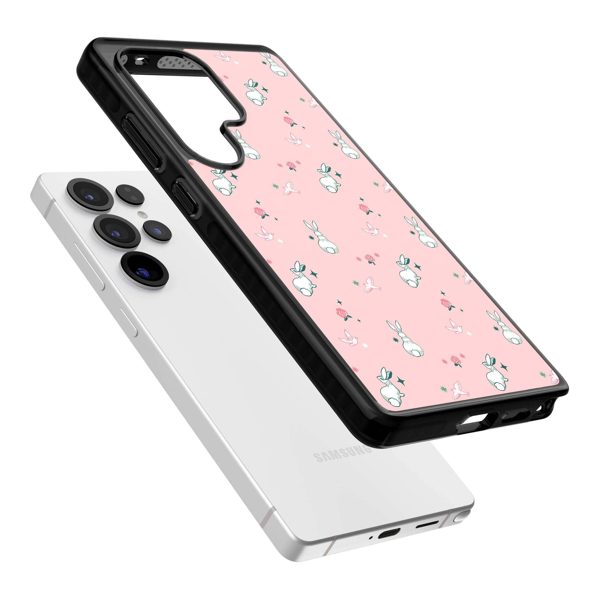Bunny Garden kawaii iPhone case featuring white rabbits, pink roses, doves and stars on pink background | Black Impact case for Samsung Galaxy S25 Ultra