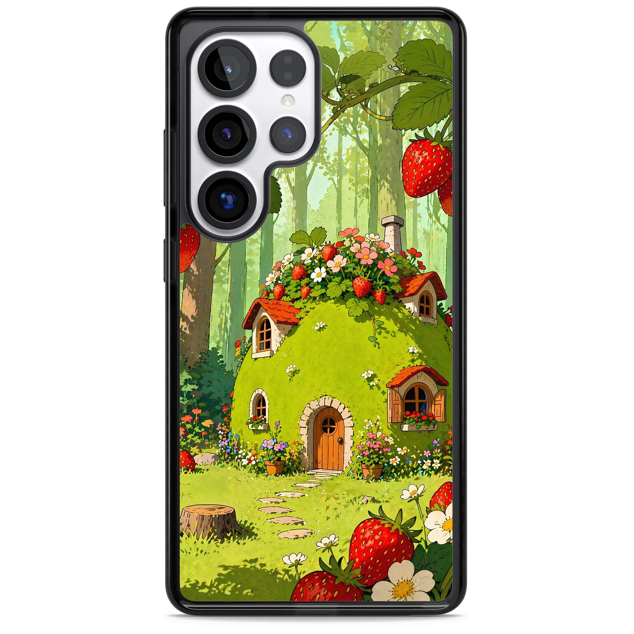 Strawberry Cottage cottagecore iPhone case featuring a green fairy house, wild strawberries and enchanted forest flowers | Black Impact case for Samsung Galaxy S25 Ultra