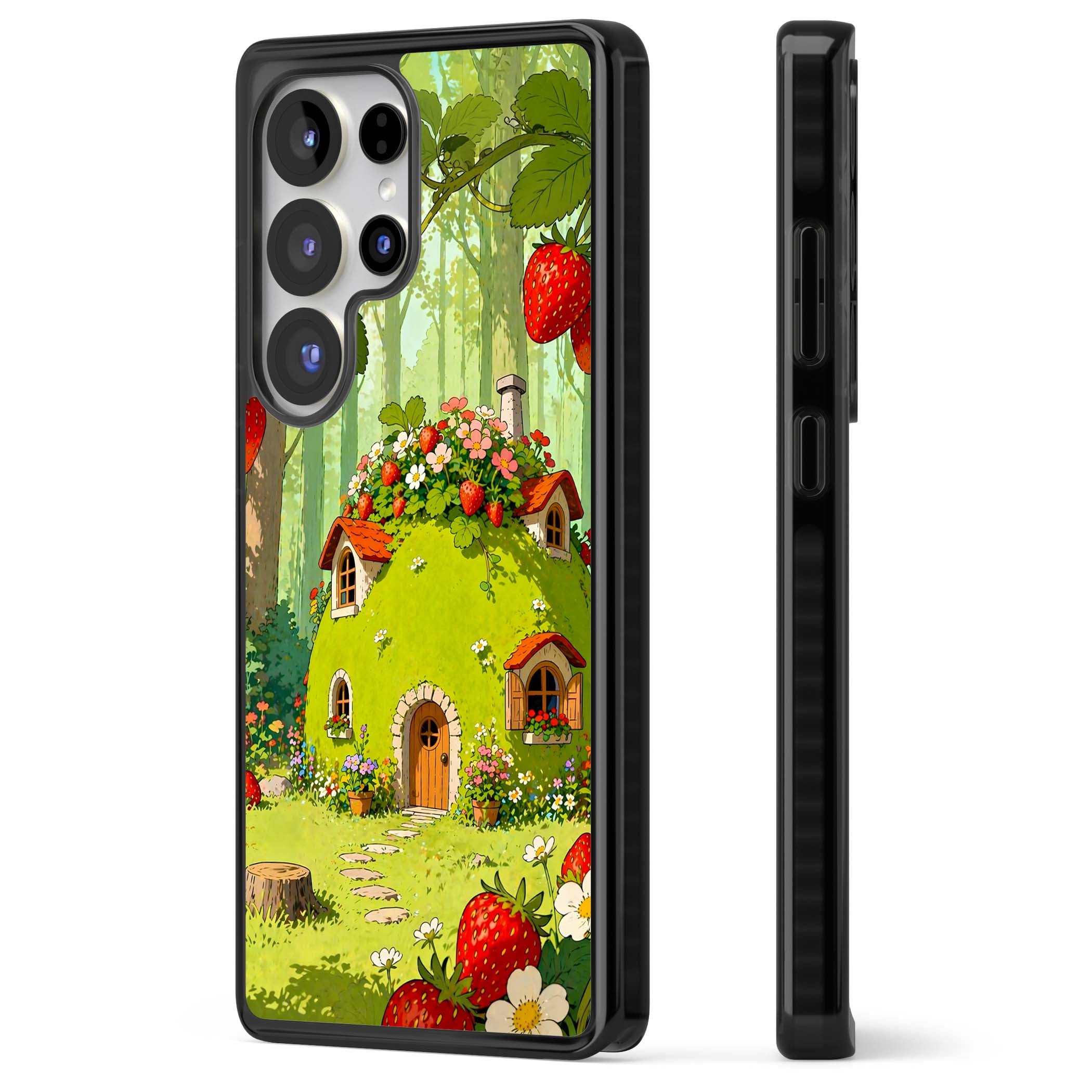Strawberry Cottage cottagecore iPhone case featuring a green fairy house, wild strawberries and enchanted forest flowers | Black Impact case for Samsung Galaxy S25 Ultra