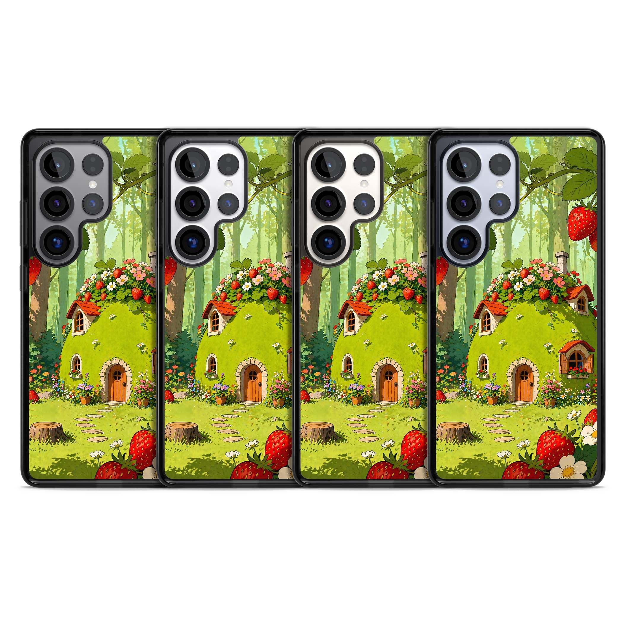Strawberry Cottage cottagecore iPhone case featuring a green fairy house, wild strawberries and enchanted forest flowers | Black Impact case for Samsung Galaxy S25 Ultra