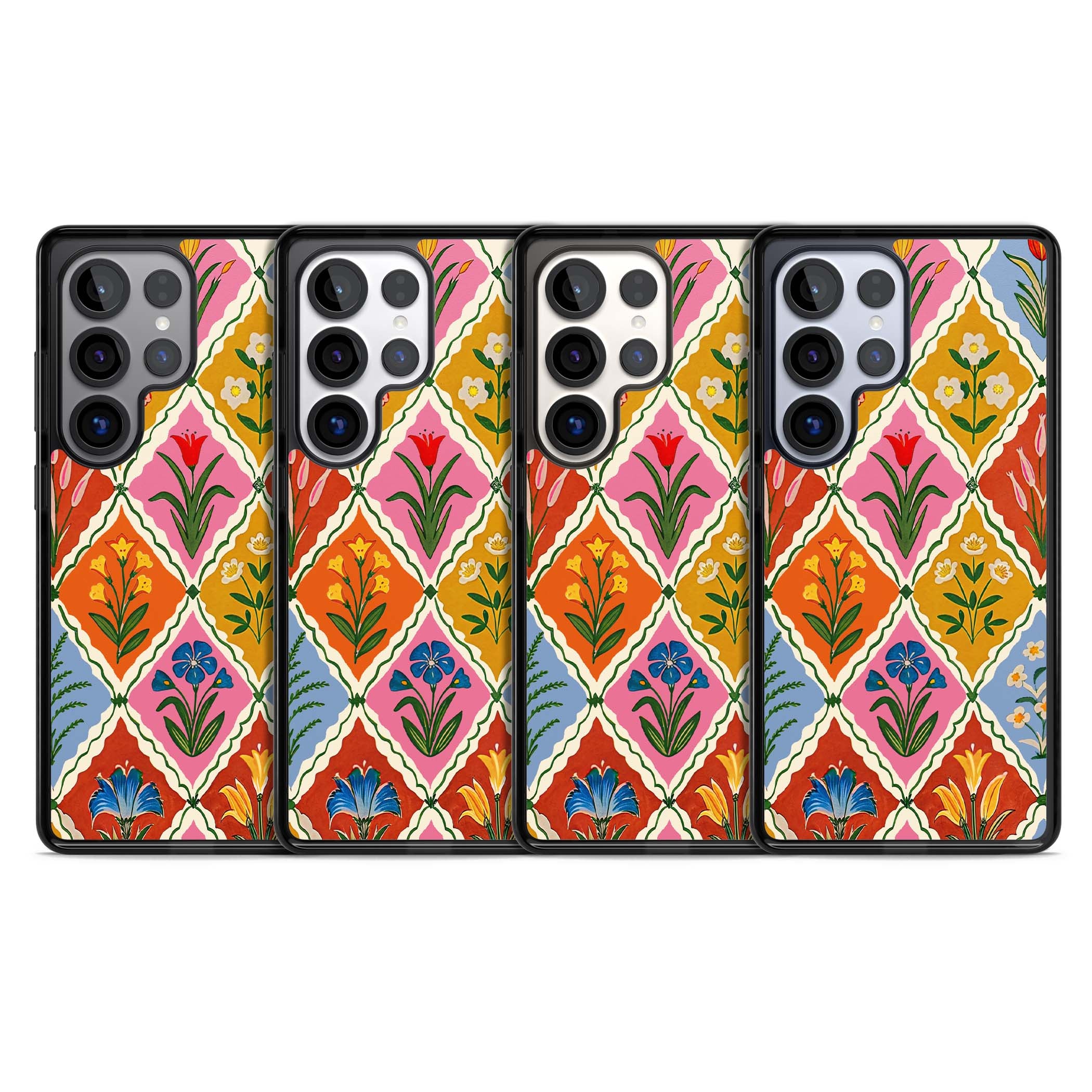 Floral Quilt boho floral iPhone case featuring diamond lattice pattern, hand-painted tulips and folk art wildflowers | Black Impact case for Samsung Galaxy S25 Ultra