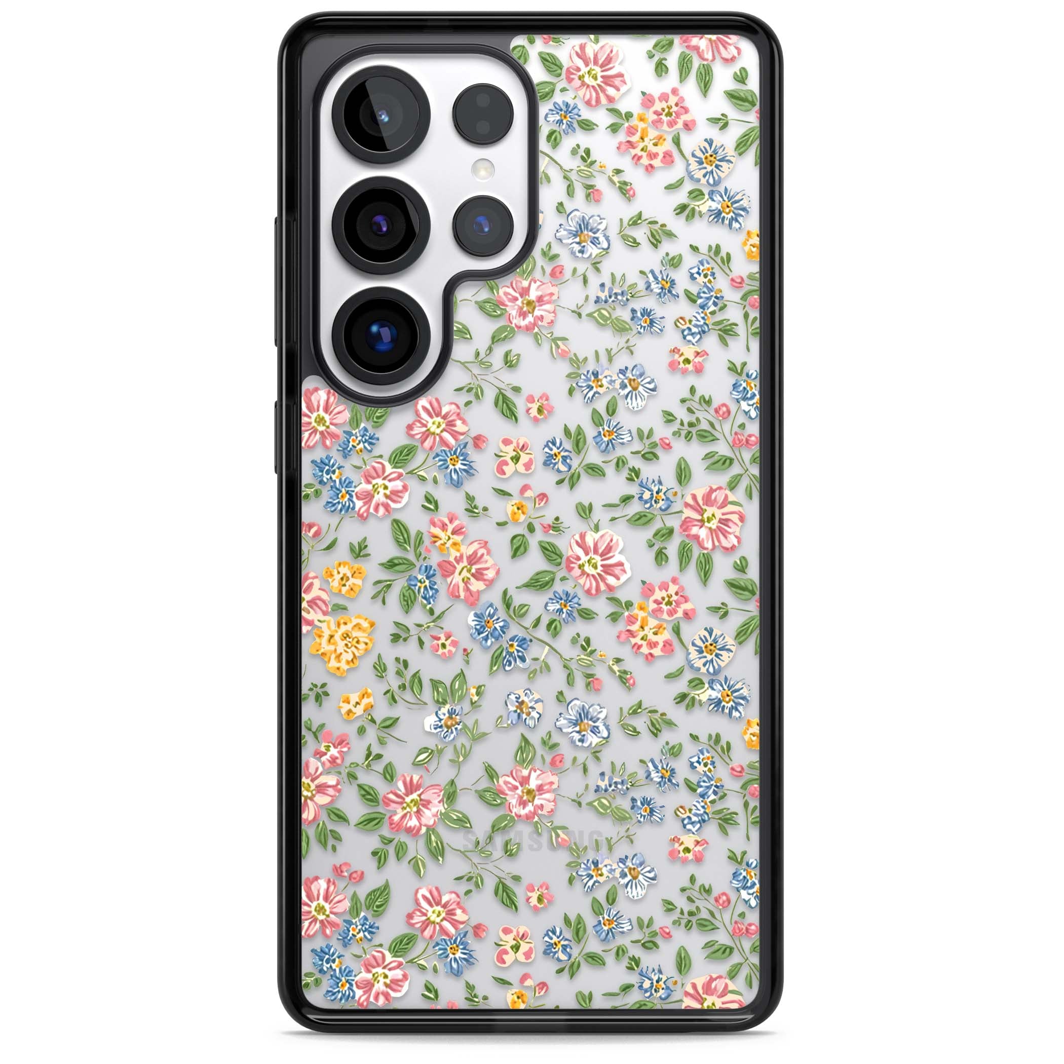 Soft Meadow cottagecore iPhone case featuring pink cosmos, blue forget-me-nots, yellow buttercups and green leaves sca | Black Impact case for Samsung Galaxy S25 Ultra
