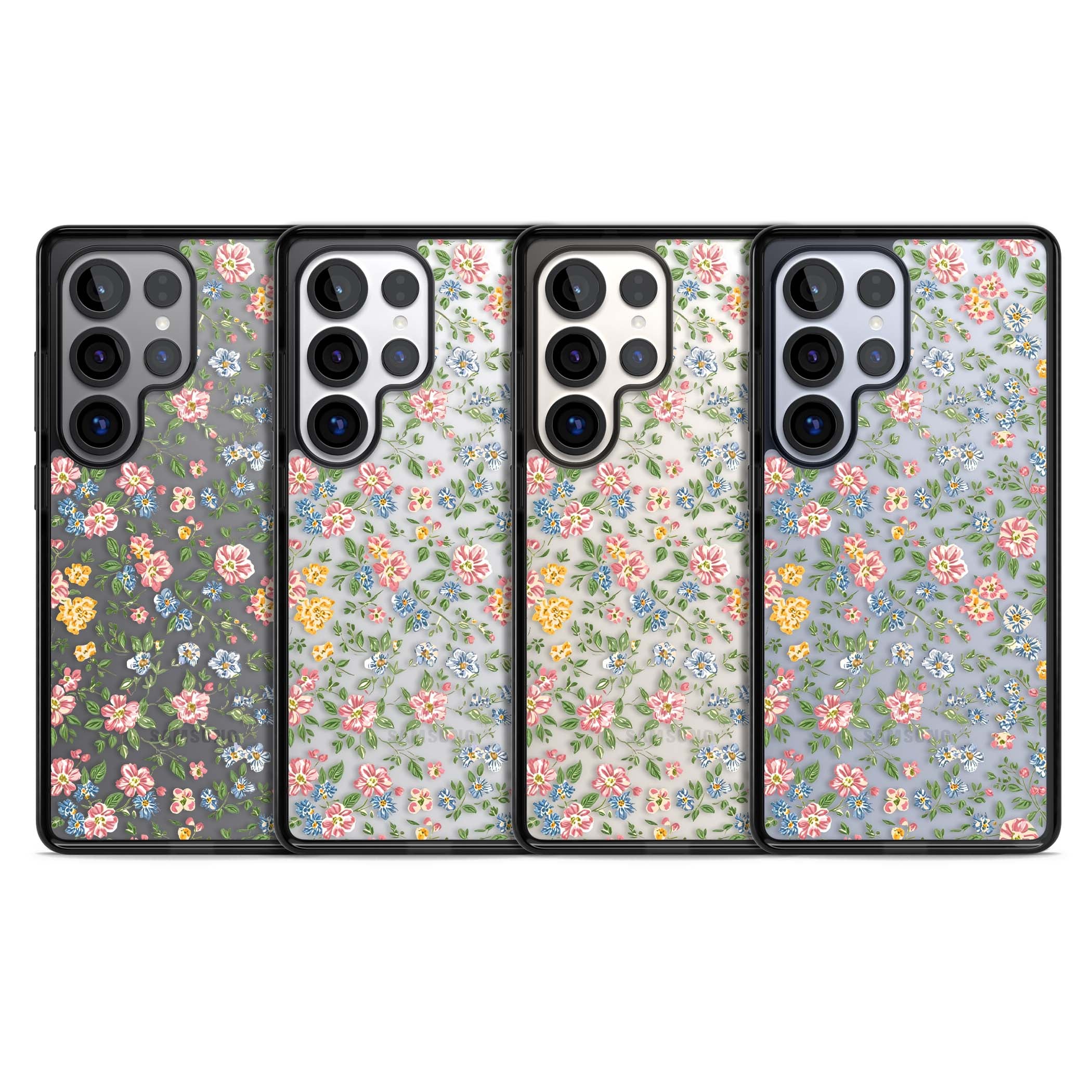 Soft Meadow cottagecore iPhone case featuring pink cosmos, blue forget-me-nots, yellow buttercups and green leaves sca | Black Impact case for Samsung Galaxy S25 Ultra