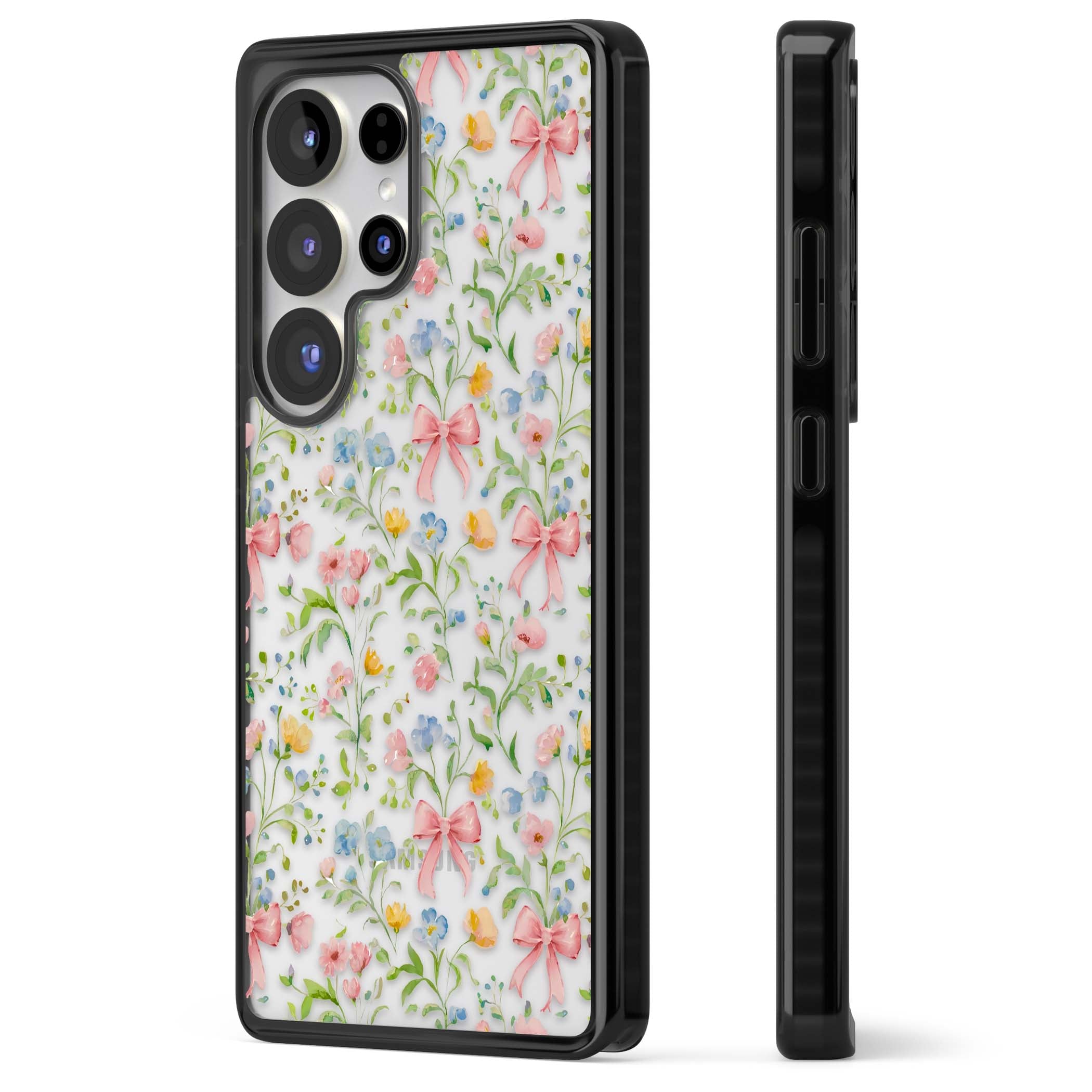 Ribbons & Wildflowers cottagecore iPhone case featuring watercolor wildflowers, pink satin bows, and delicate spring blooms o | Black Impact case for Samsung Galaxy S25 Ultra