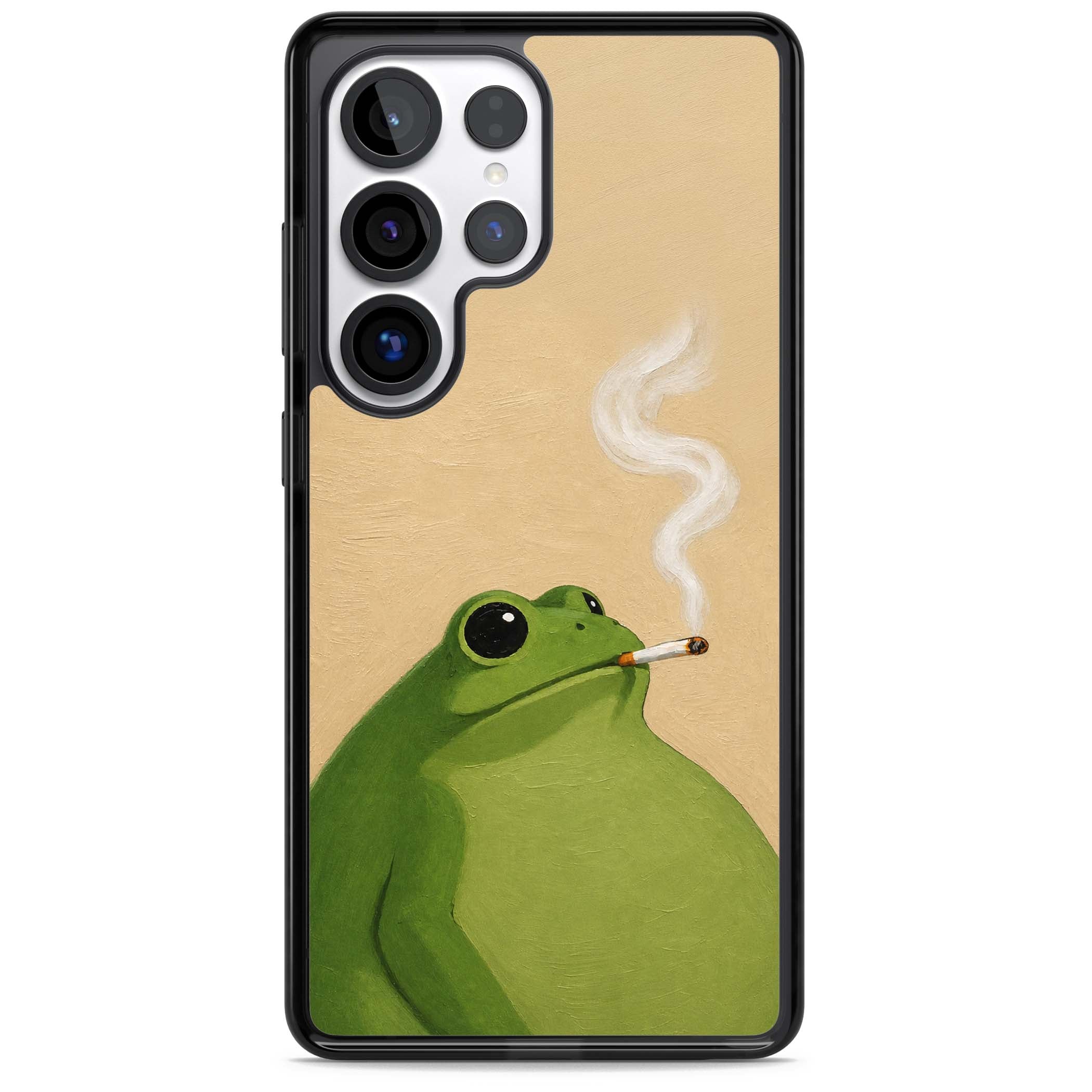 The Smoking Frog cottagecore iPhone case featuring a hand-painted green frog smoking a cigarette on a cream oil painting back | Black Impact case for Samsung Galaxy S25 Ultra