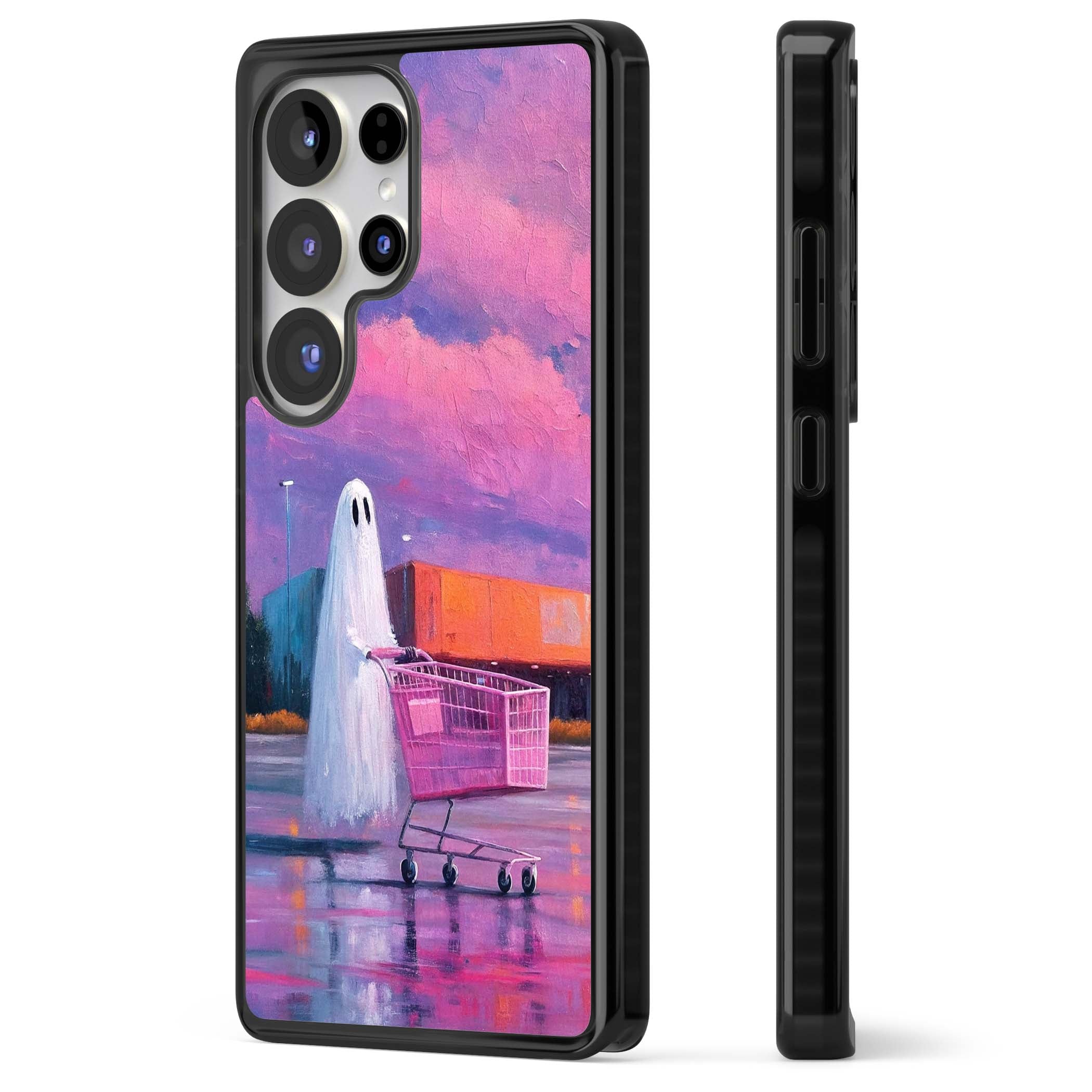A Ghost's Errand ghost halloween iPhone case featuring a painted ghost, pink shopping trolley and purple sunset sky | Black Impact case for Samsung Galaxy S25 Ultra