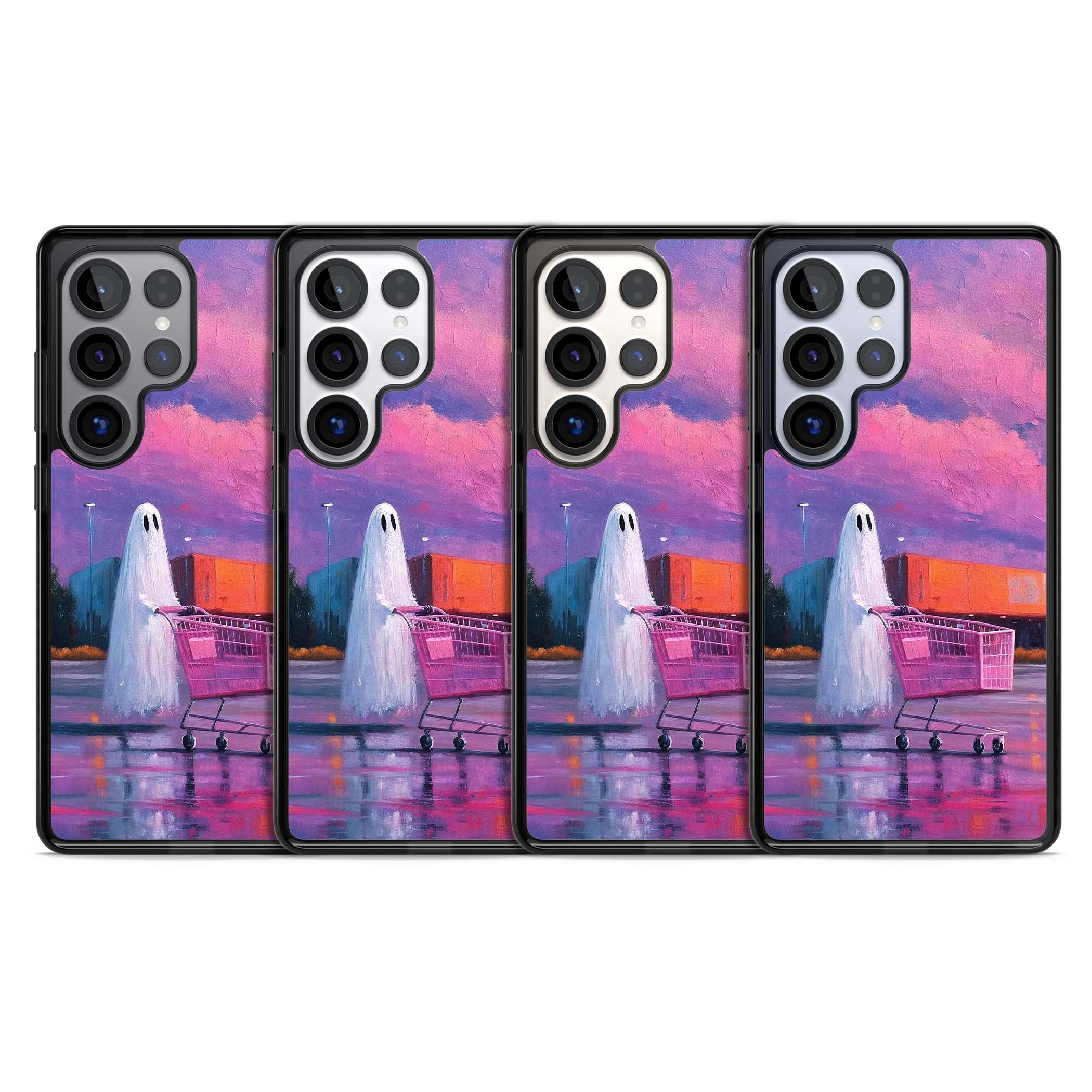 A Ghost's Errand ghost halloween iPhone case featuring a painted ghost, pink shopping trolley and purple sunset sky | Black Impact case for Samsung Galaxy S25 Ultra