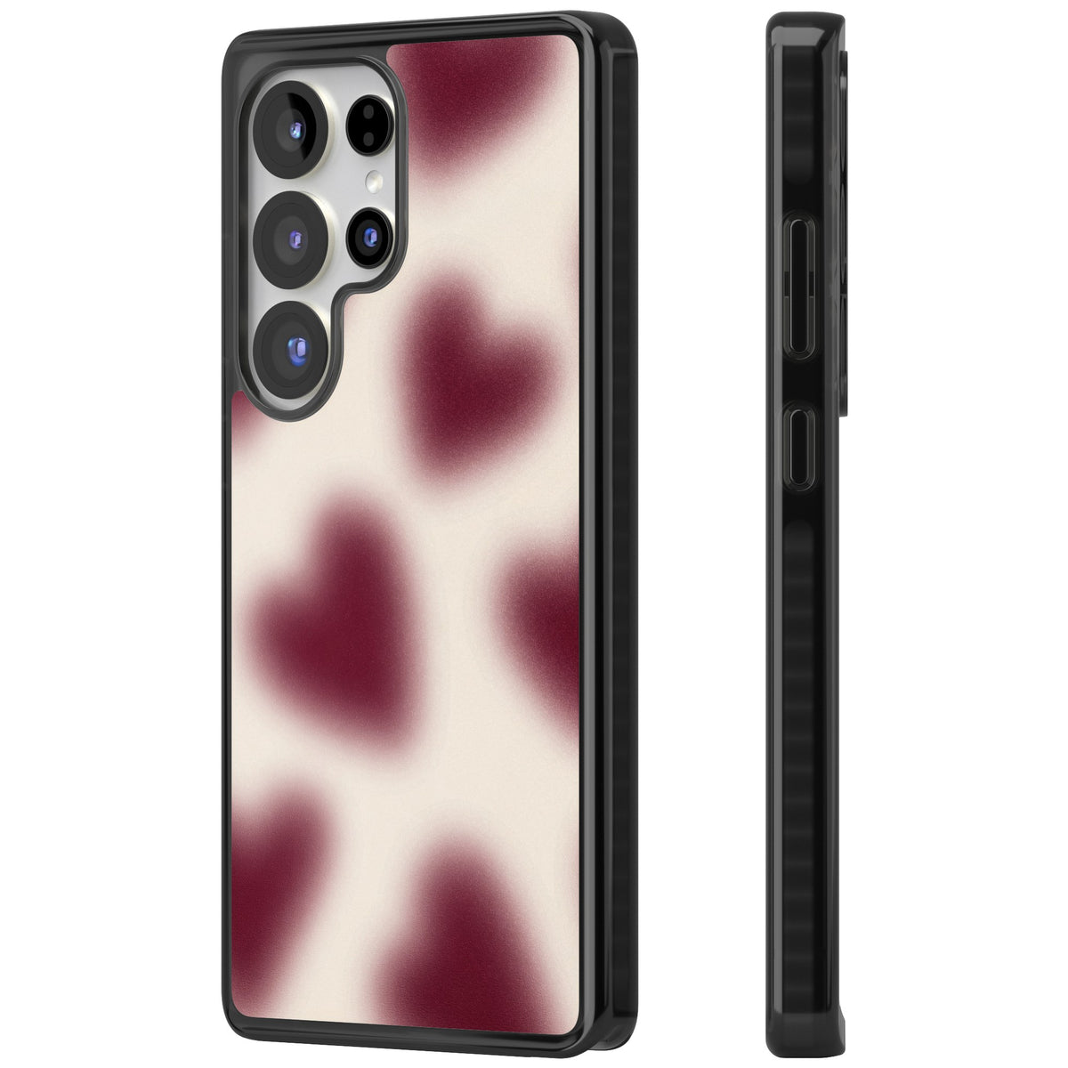 Velvet Hearts coquette iPhone case featuring blurry burgundy aura hearts on a soft cream background Samsung S25 Ultra / Samsung S26 Ultra Impact Black Phone Case side