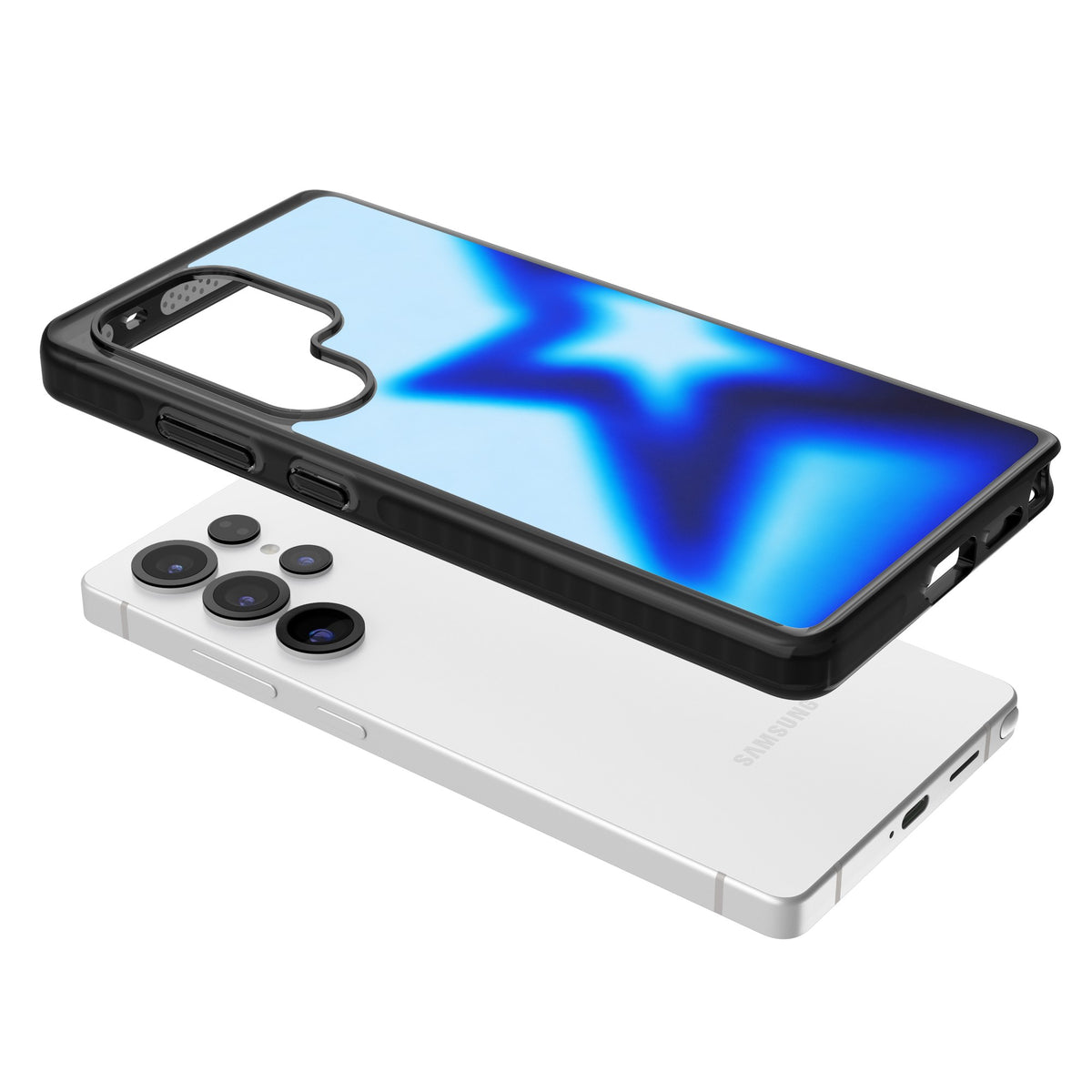 Electric Y2K iPhone case featuring a blurred blue aura star, deep cobalt glow and soft sky-blue gradient Samsung S25 Ultra / Samsung S26 Ultra Impact Black Phone Case angled