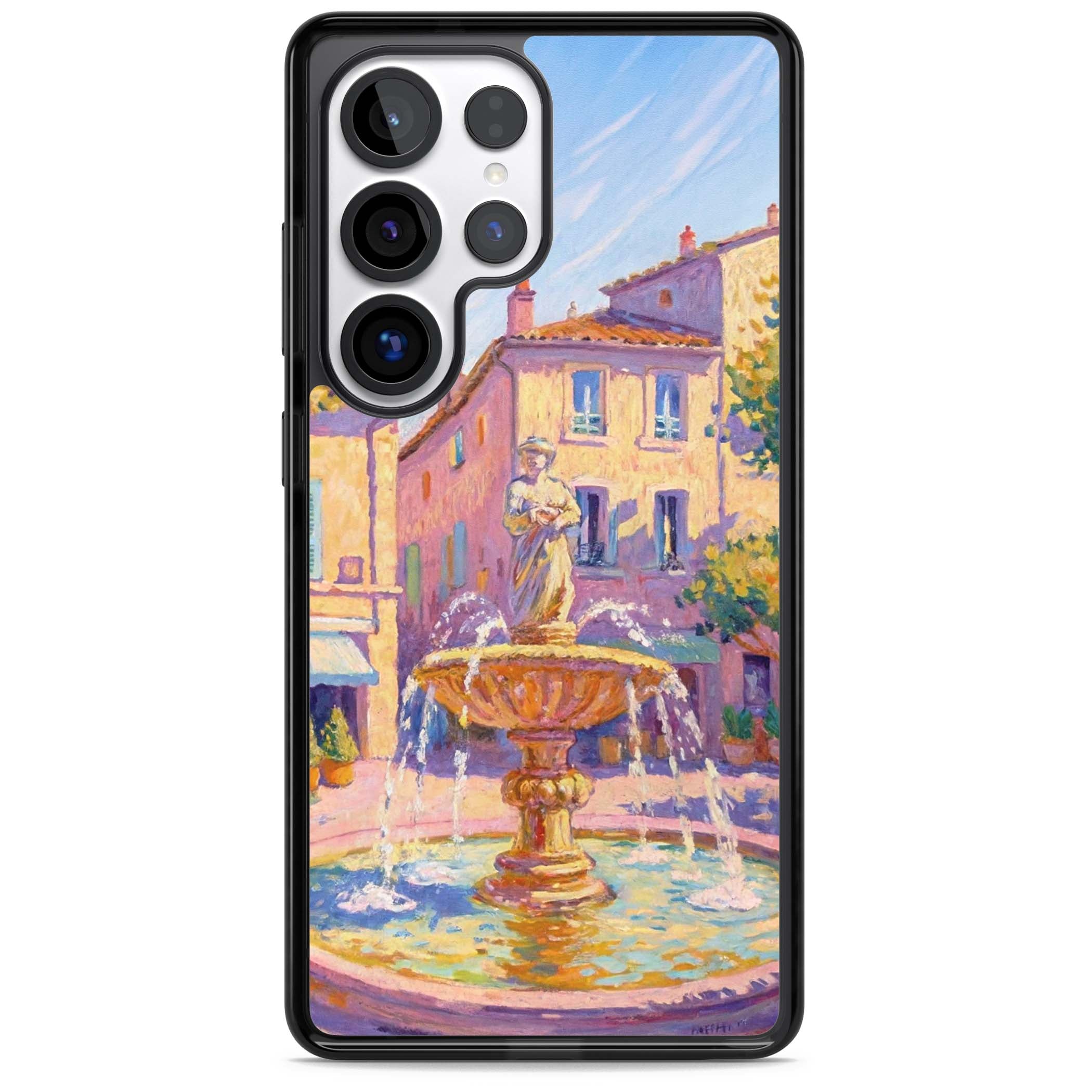 Fountain Square fine art iPhone case featuring an impressionist Provençal fountain, pastel village buildings and summe | Black Impact case for Samsung Galaxy S25 Ultra