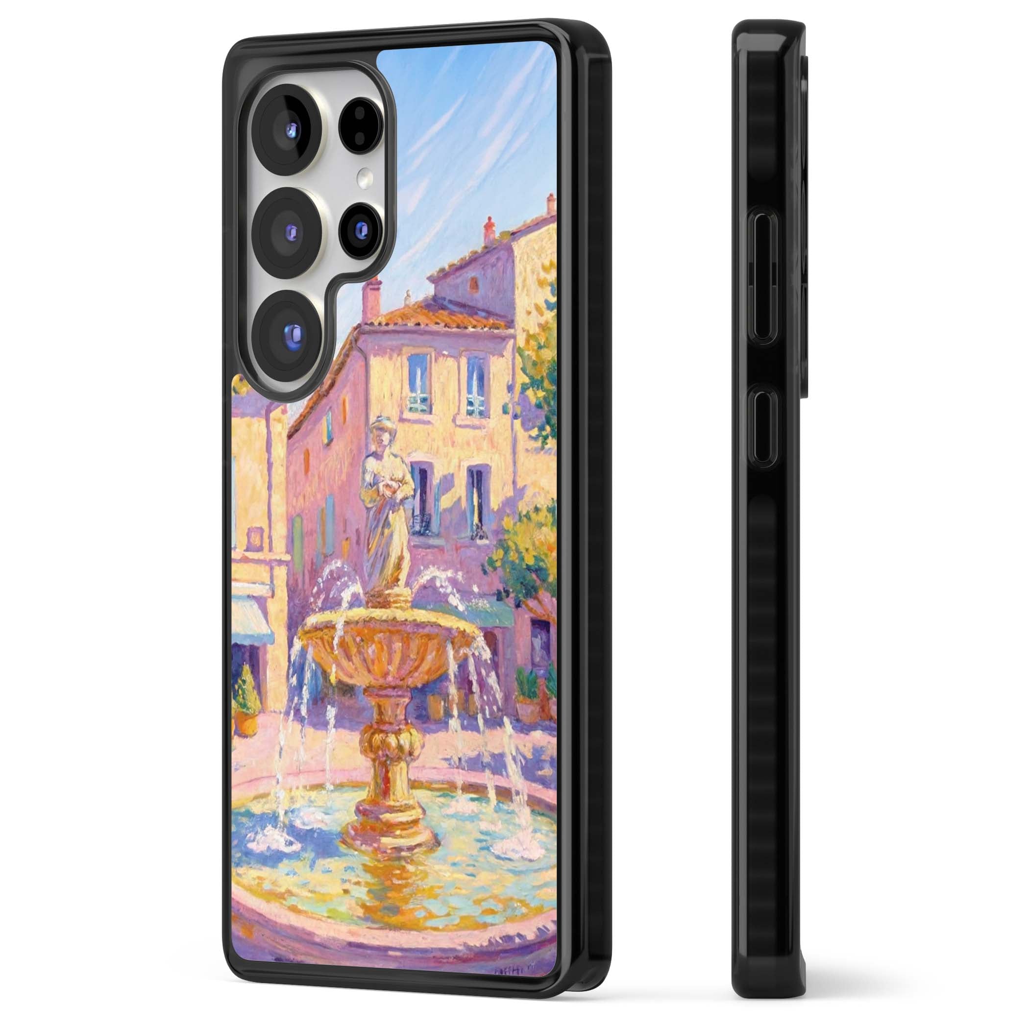 Fountain Square fine art iPhone case featuring an impressionist Provençal fountain, pastel village buildings and summe | Black Impact case for Samsung Galaxy S25 Ultra