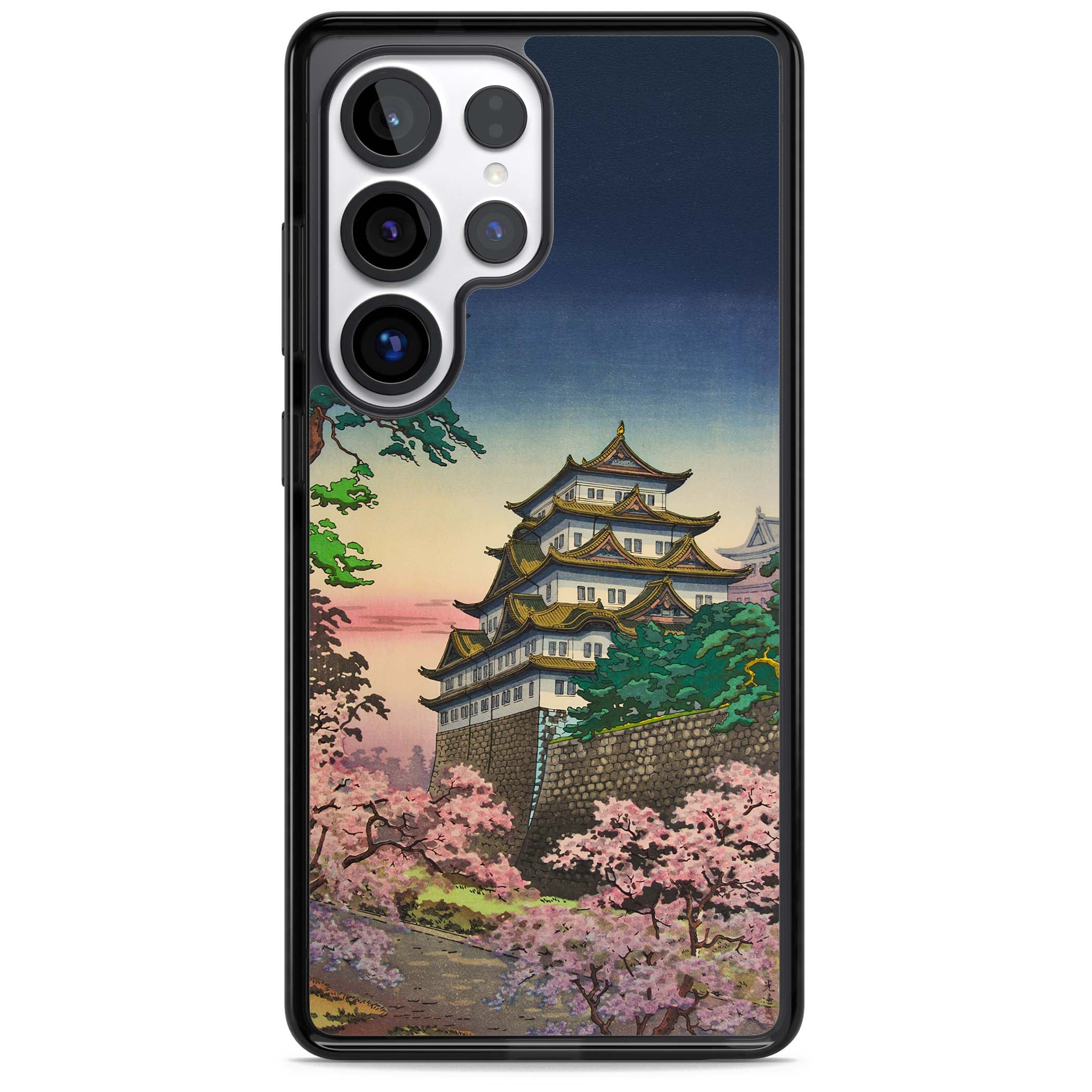 Nagoya Castle Japanese iPhone case featuring a vintage pagoda, twilight sky and cherry blossom trees | Black Impact case for Samsung Galaxy S25 Ultra