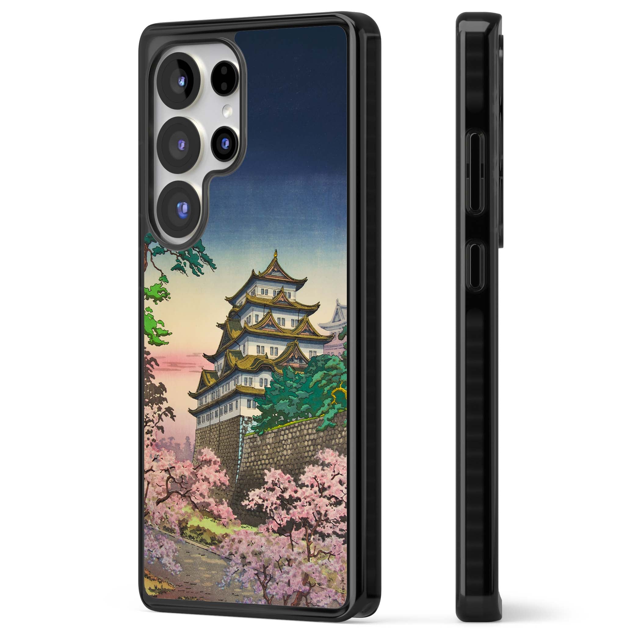 Nagoya Castle Japanese iPhone case featuring a vintage pagoda, twilight sky and cherry blossom trees | Black Impact case for Samsung Galaxy S25 Ultra