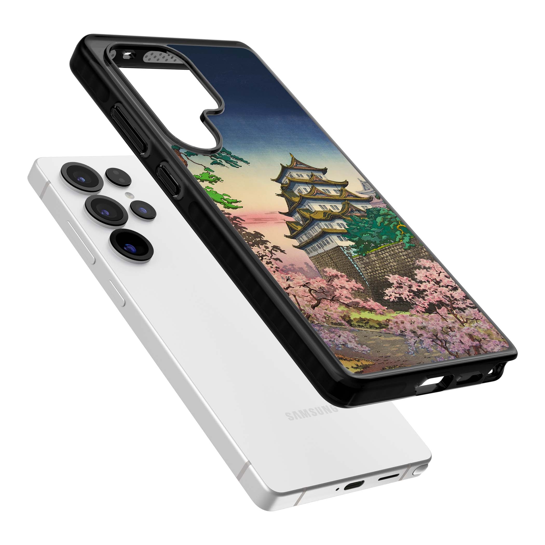 Nagoya Castle Japanese iPhone case featuring a vintage pagoda, twilight sky and cherry blossom trees | Black Impact case for Samsung Galaxy S25 Ultra
