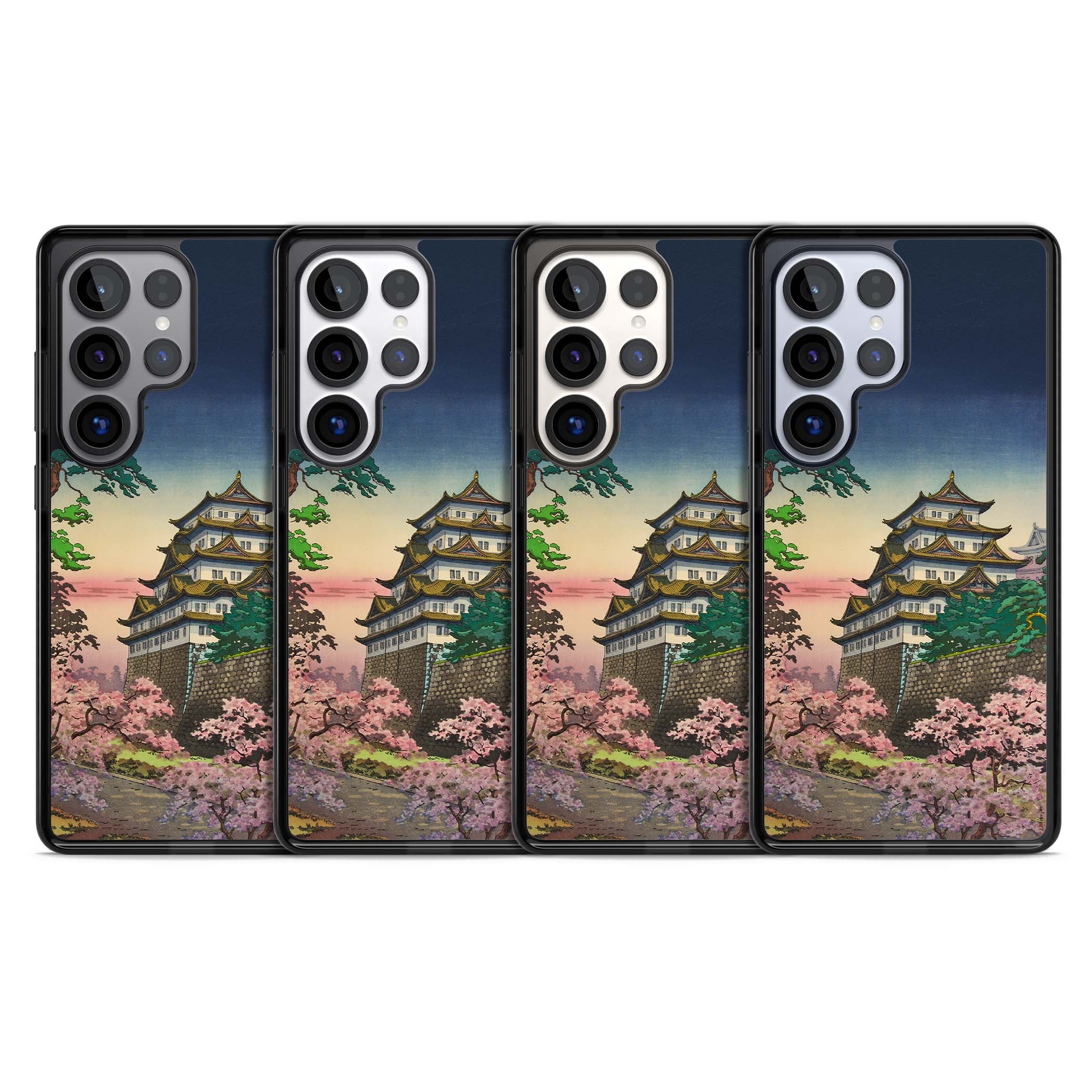Nagoya Castle Japanese iPhone case featuring a vintage pagoda, twilight sky and cherry blossom trees | Black Impact case for Samsung Galaxy S25 Ultra