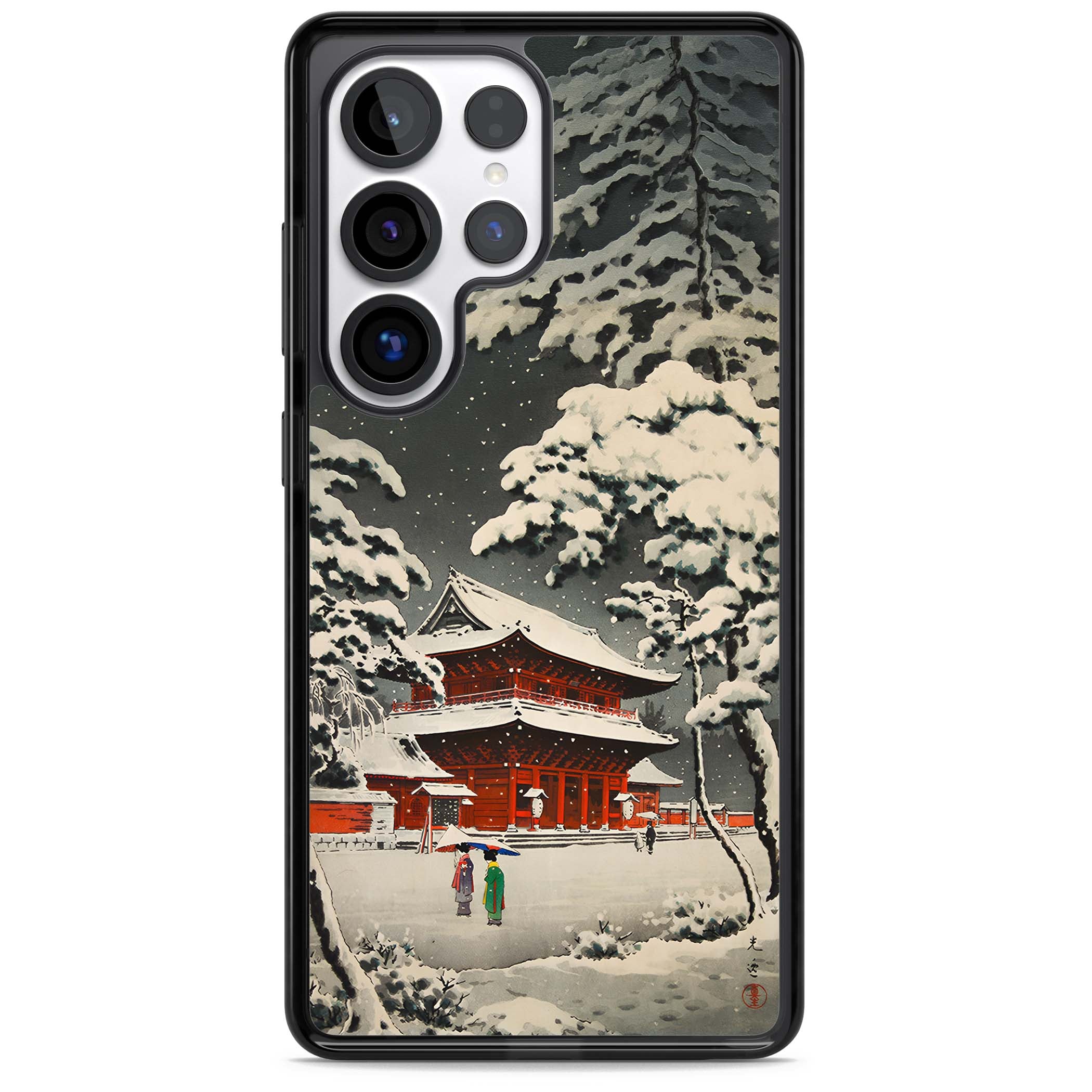 Snow at Shiha Park, Tokyo Japanese art iPhone case featuring a vintage ukiyo-e snowy temple, red pagoda, and snow-covered pin | Black Impact case for Samsung Galaxy S25 Ultra