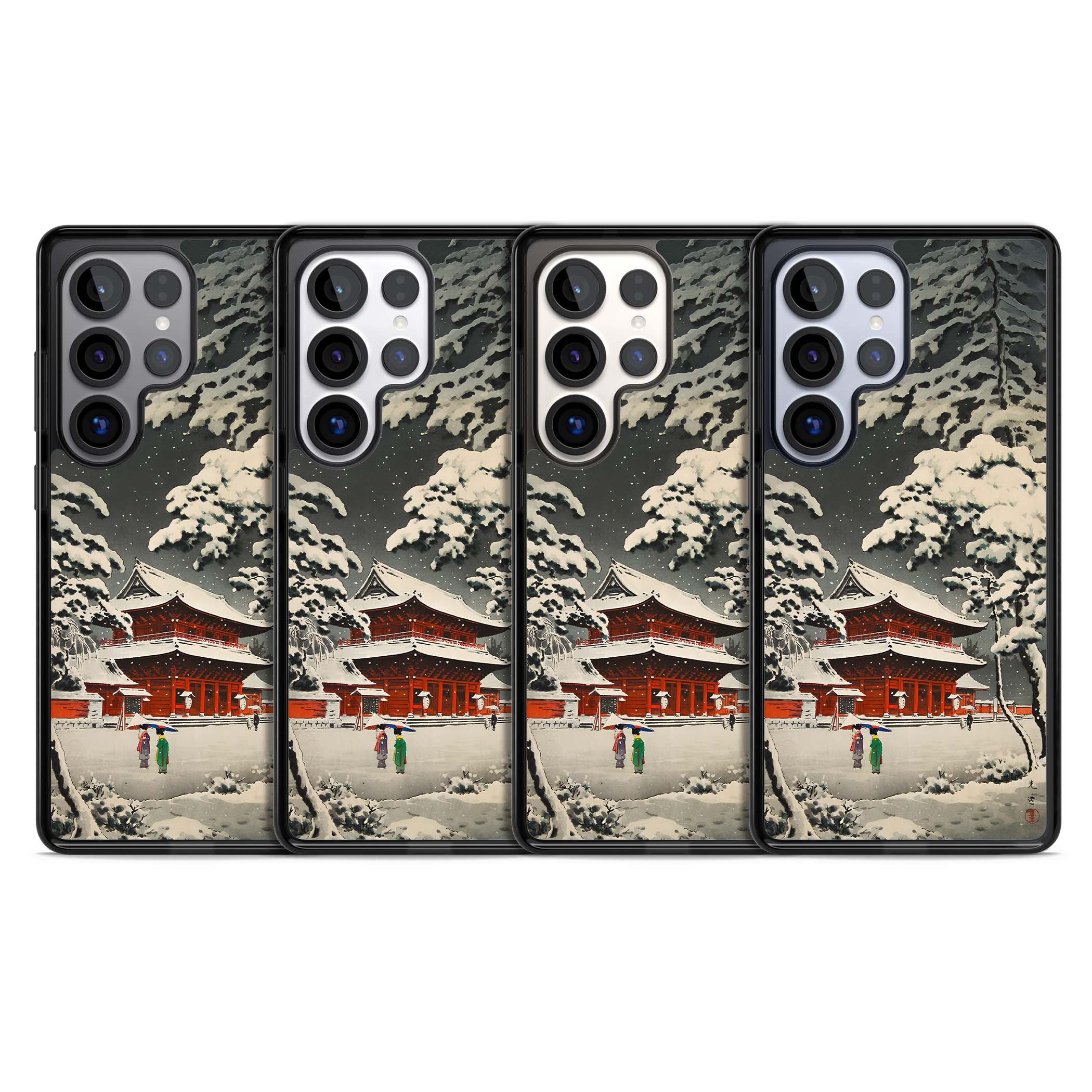 Snow at Shiha Park, Tokyo Japanese art iPhone case featuring a vintage ukiyo-e snowy temple, red pagoda, and snow-covered pin | Black Impact case for Samsung Galaxy S25 Ultra
