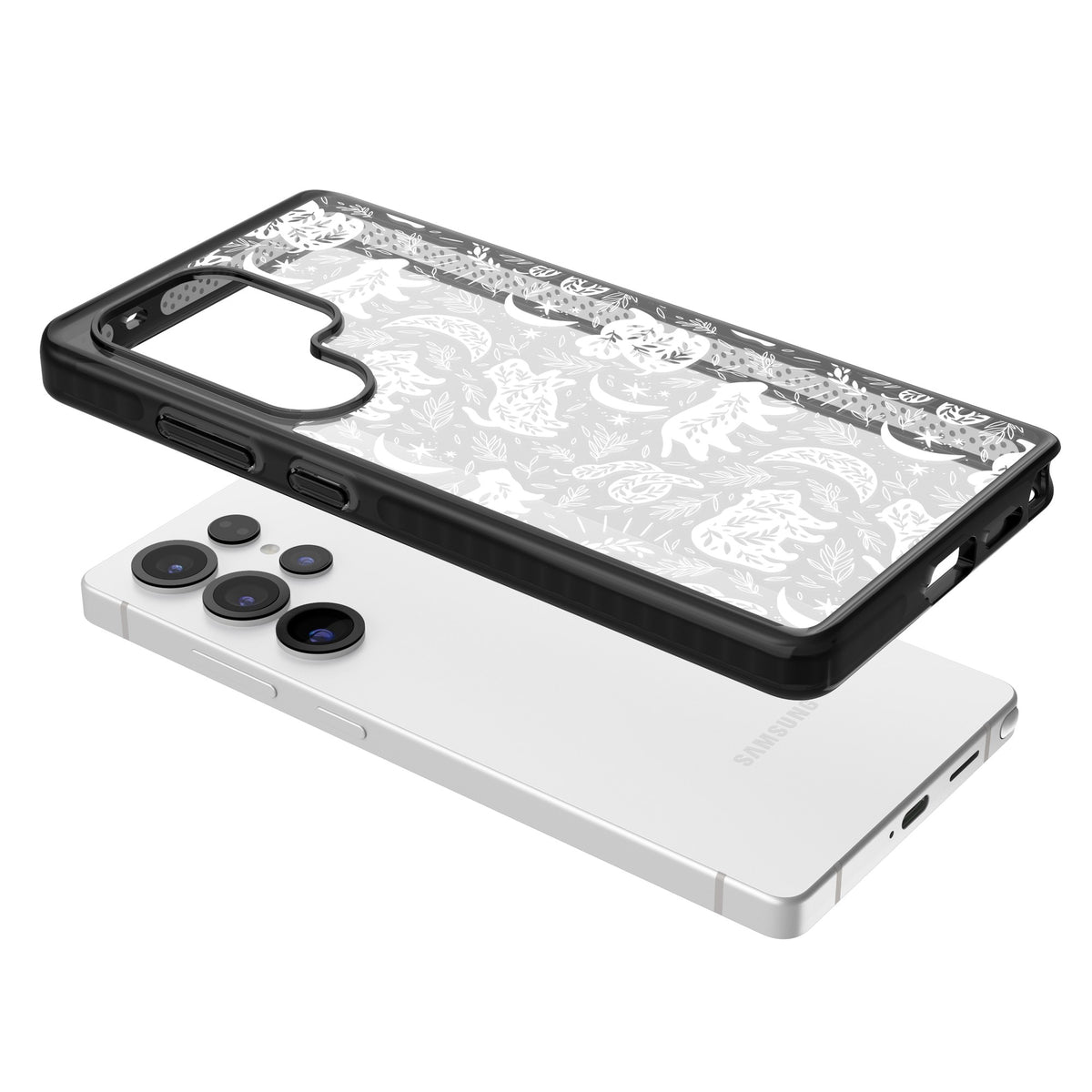 Forest Animal Silhouettes: White/Clear Samsung S25 Ultra / Samsung S26 Ultra Impact Black Phone Case angled
