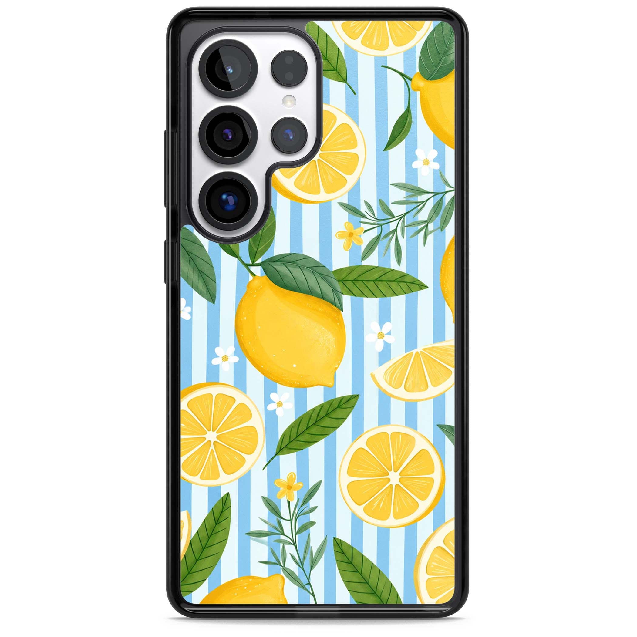 Capri Citrus Stripe coastal iPhone case featuring yellow lemons, blue stripes, and white daisy blossoms | Black Impact case for Samsung Galaxy S25 Ultra