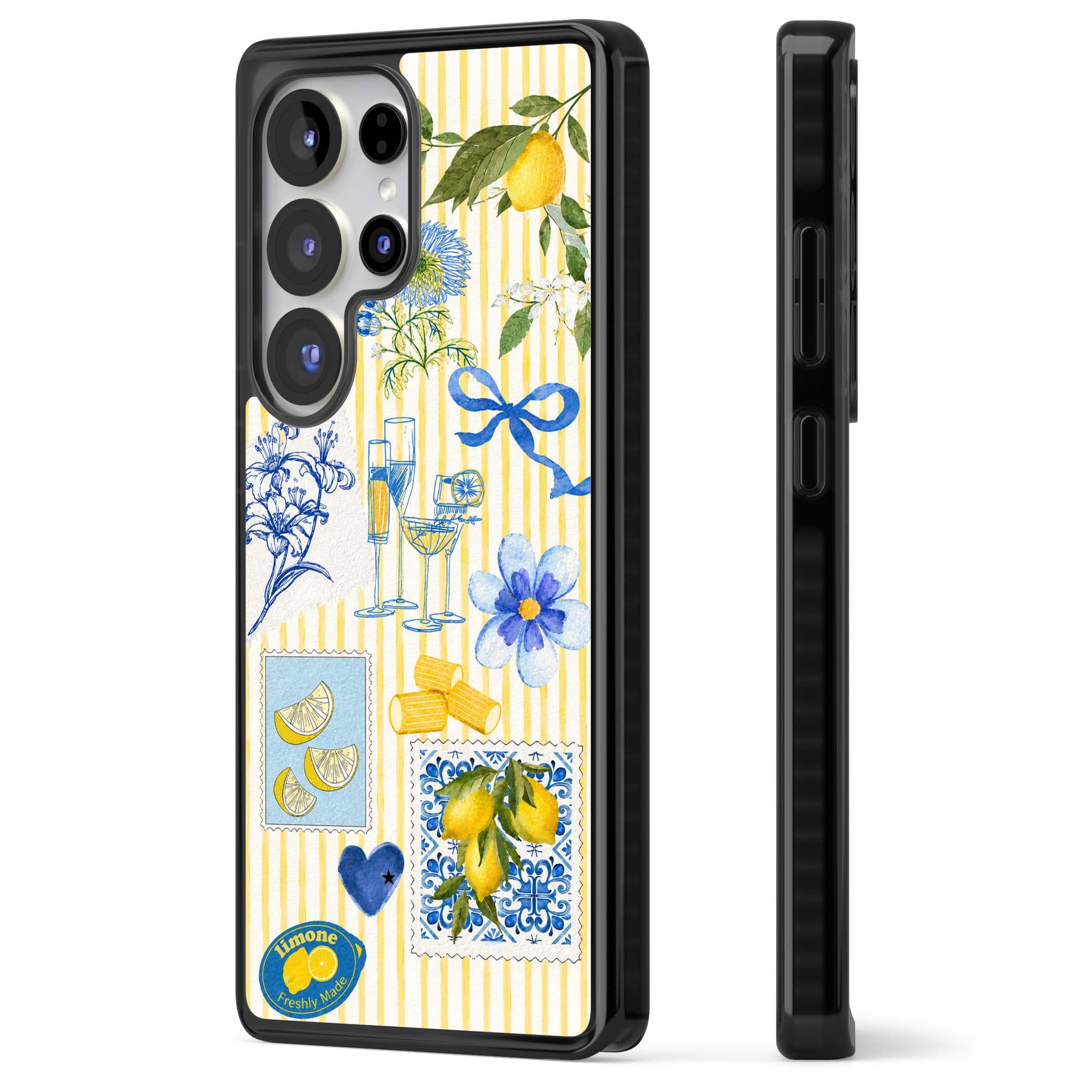 Limone Riviera Italian summer iPhone case featuring watercolour lemons, blue ribbon bows and majolica tile stamps on... | Black Impact case for Samsung Galaxy S25 Ultra