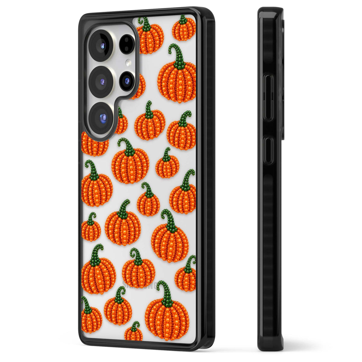 Beaded Pumpkins halloween iPhone case featuring beaded orange pumpkins with green stems on a clear background | Black Impact case for Samsung Galaxy S25 Ultra