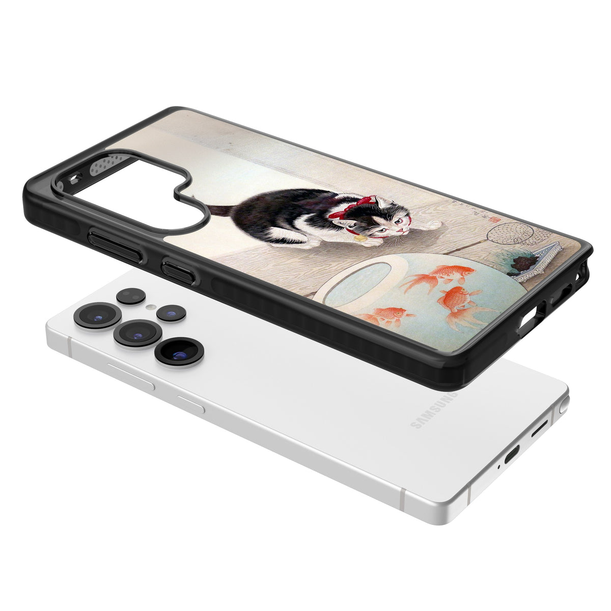 Cat & Goldfish Bowl Samsung S25 Ultra / Samsung S26 Ultra Impact Black Phone Case angled