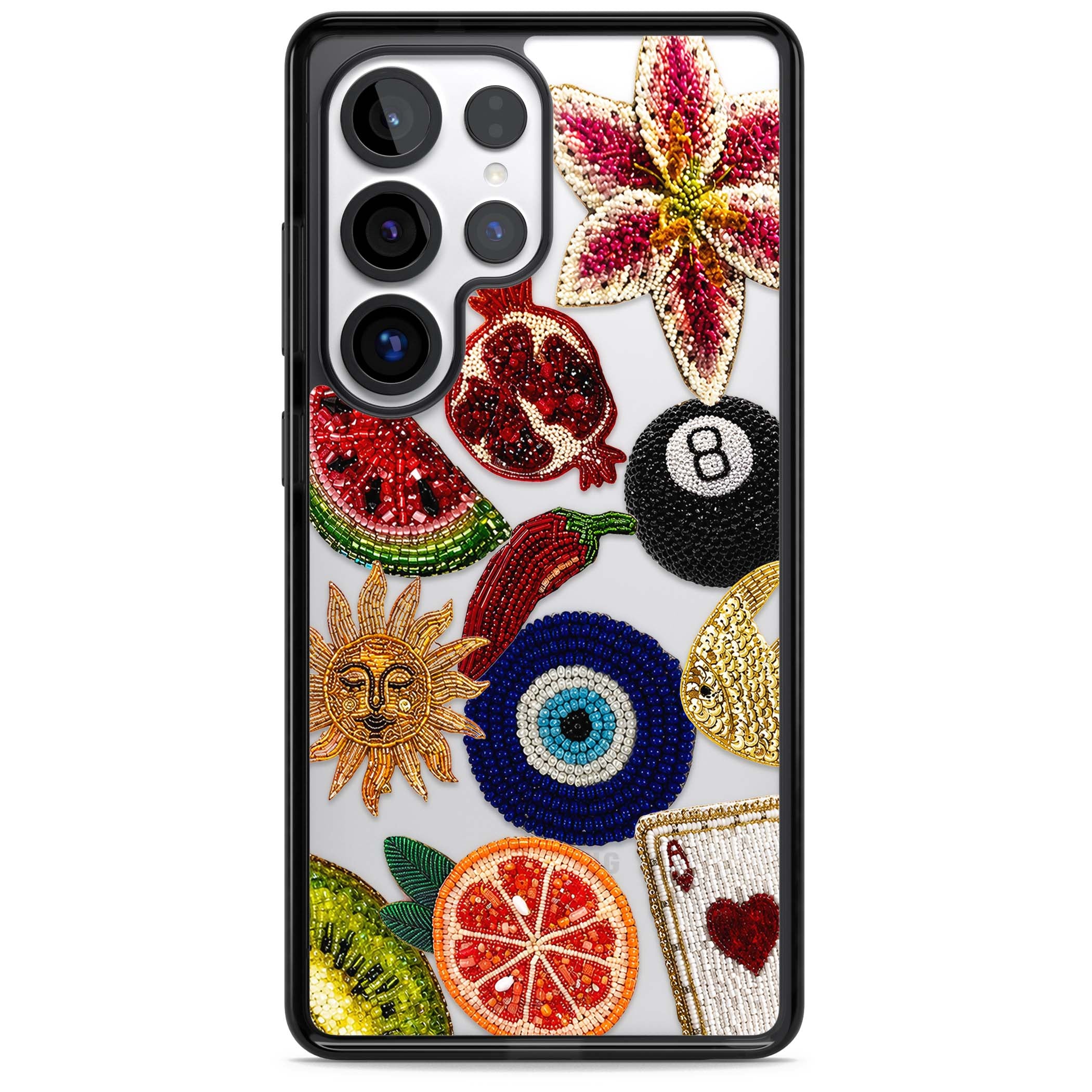 Beaded Charms embroidery iPhone case featuring beaded evil eye, fruit patches and a golden sun motif | Black Impact case for Samsung Galaxy S25 Ultra