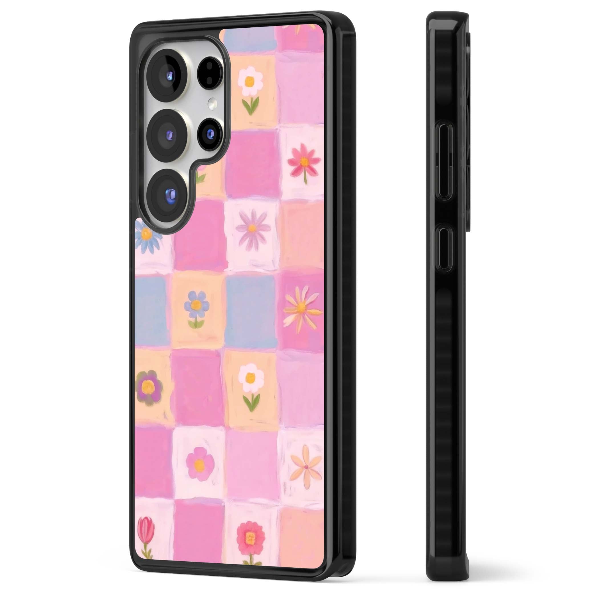 Pastel Flower Patchwork cottagecore iPhone case featuring painted pink and lilac squares with daisies and wildflowers | Black Impact case for Samsung Galaxy S25 Ultra