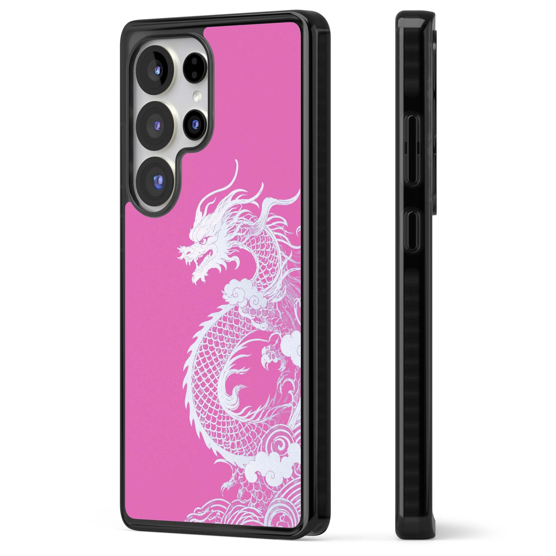 Pink Empress chinese dragon iPhone case featuring a white dragon, swirling clouds and pink dragon wallpaper backdrop | Black Impact case for Samsung Galaxy S25 Ultra