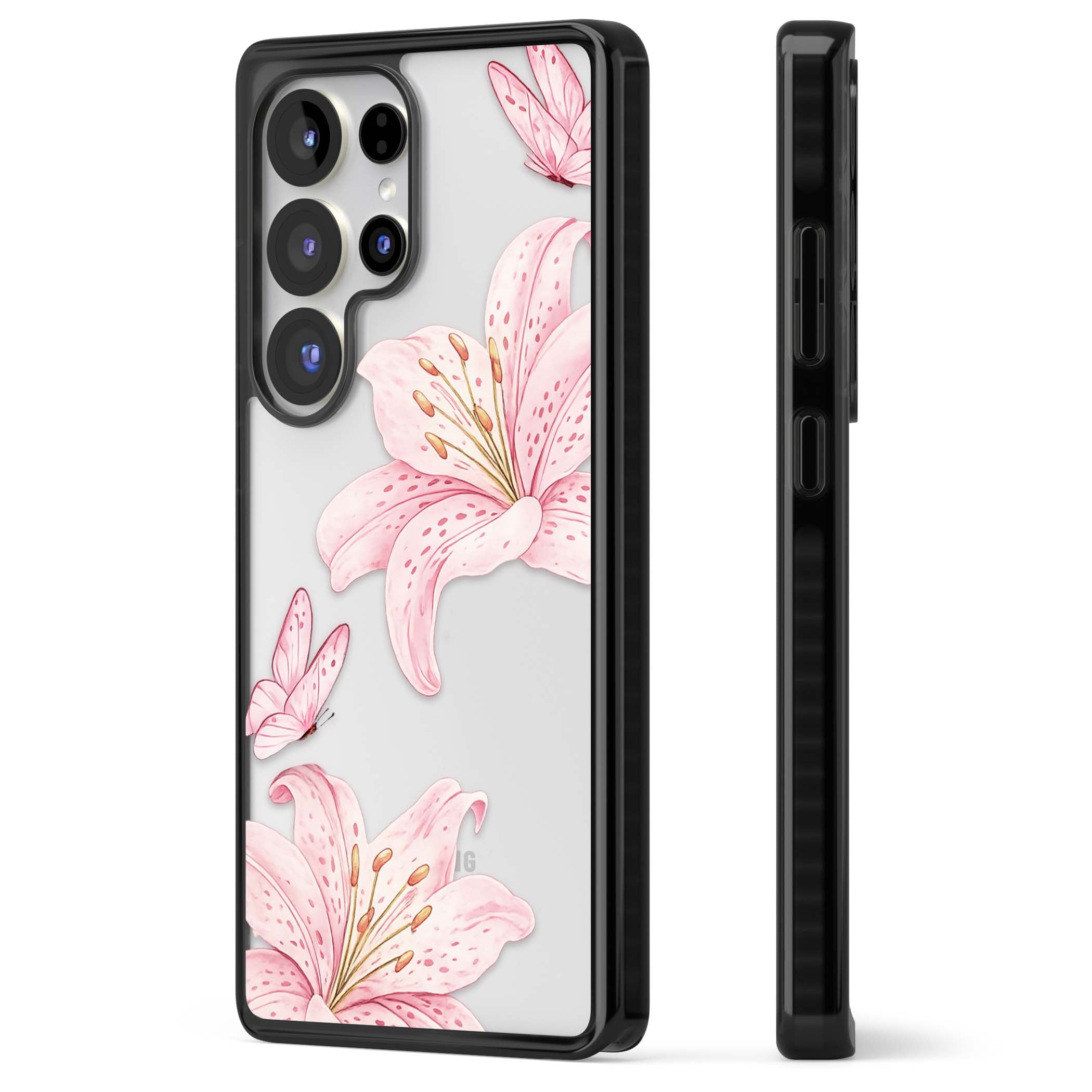 Lily Whisper floral iPhone case featuring pink watercolour lilies and delicate butterflies on a clear background | Black Impact case for Samsung Galaxy S25 Ultra