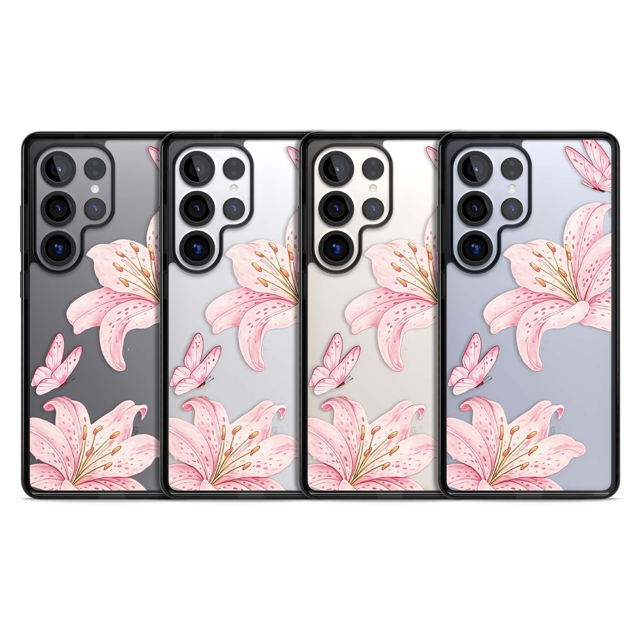 Lily Whisper floral iPhone case featuring pink watercolour lilies and delicate butterflies on a clear background | Black Impact case for Samsung Galaxy S25 Ultra