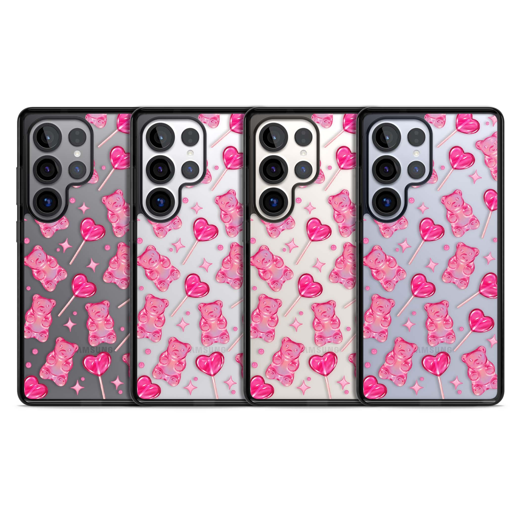 Pink Sugar pinkcore iPhone case featuring pink gummy bears, heart-shaped lollipops and sparkle stars | Black Impact case for Samsung Galaxy S25 Ultra