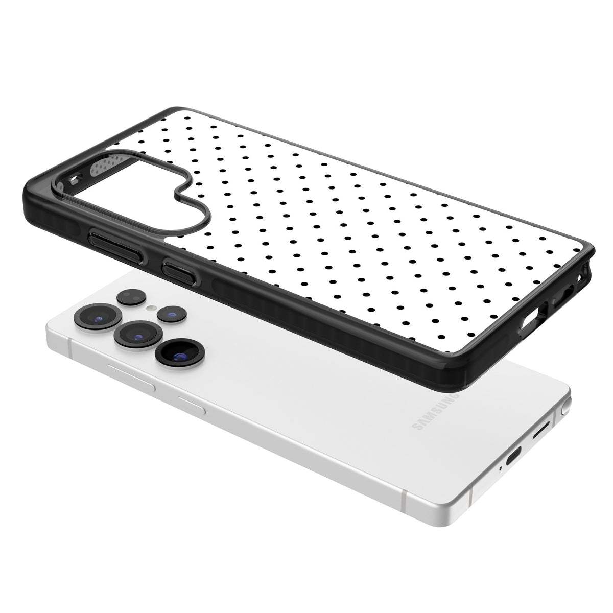 Dalmatian Dots minimal iPhone case featuring small black polka dots on a crisp white background with bold black edges Samsung S25 Ultra / Samsung S26 Ultra Impact Black Phone Case angled