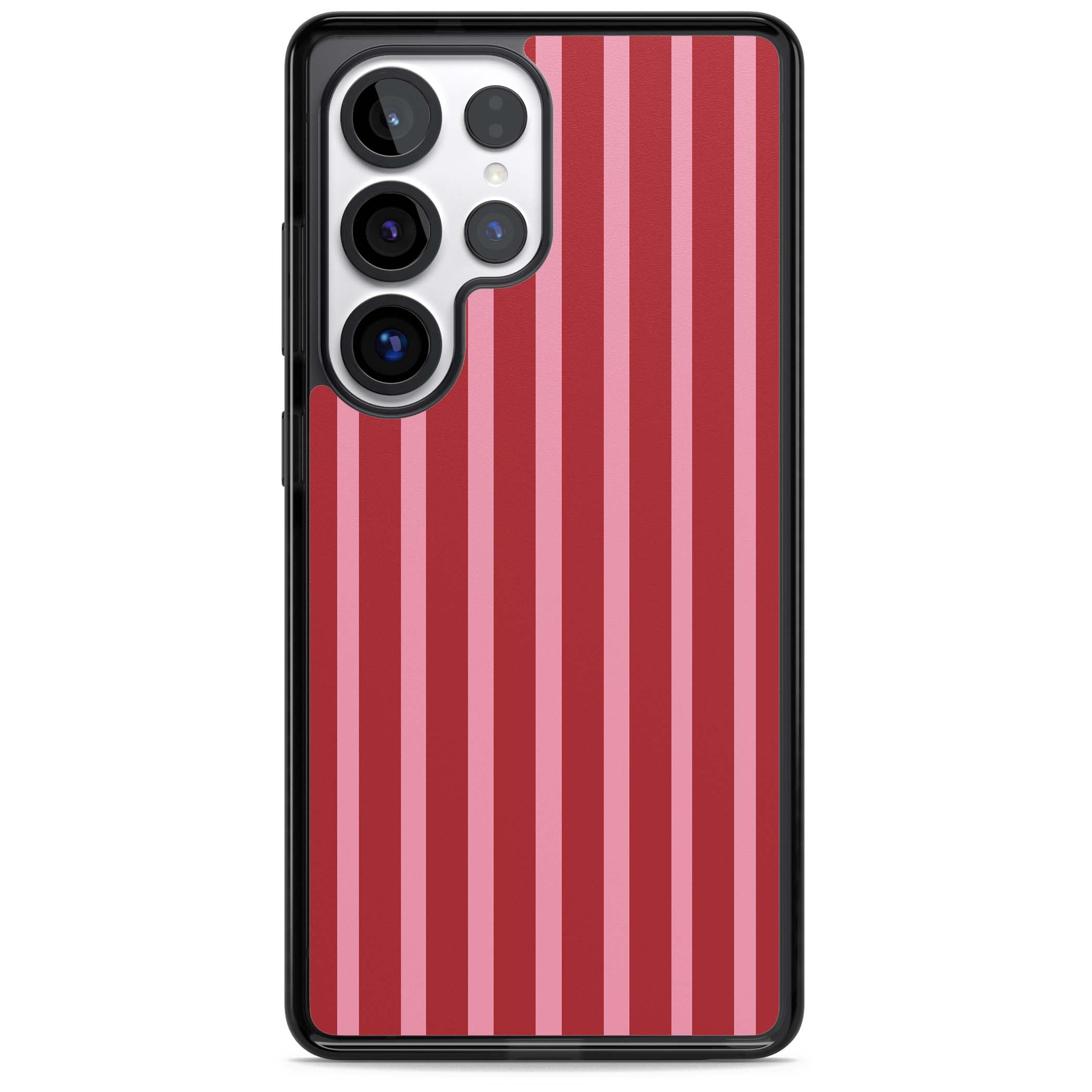 Raspberry Stripe coquette iPhone case featuring red and pink vertical stripes in a candy-inspired pattern | Black Impact case for Samsung Galaxy S25 Ultra