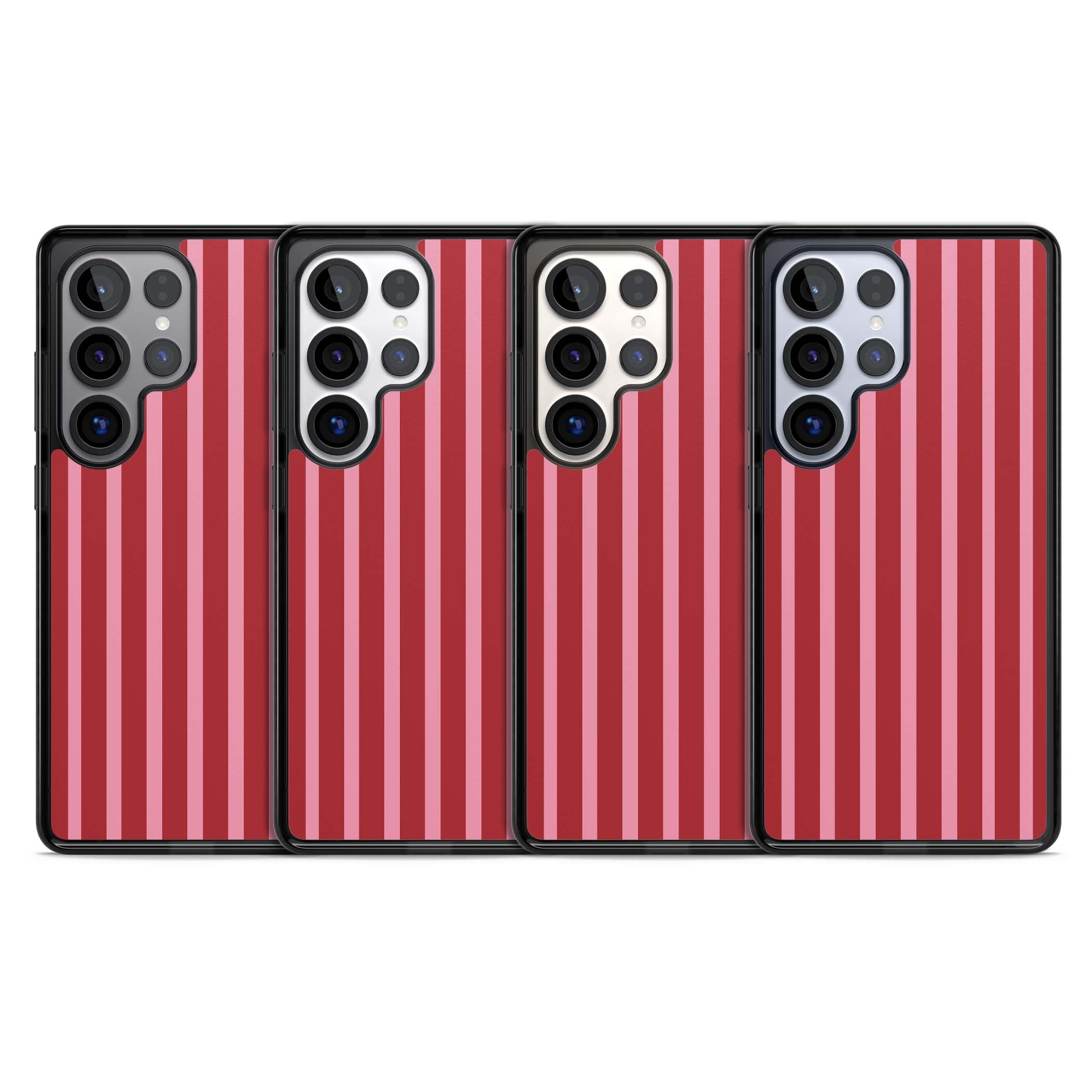 Raspberry Stripe coquette iPhone case featuring red and pink vertical stripes in a candy-inspired pattern | Black Impact case for Samsung Galaxy S25 Ultra