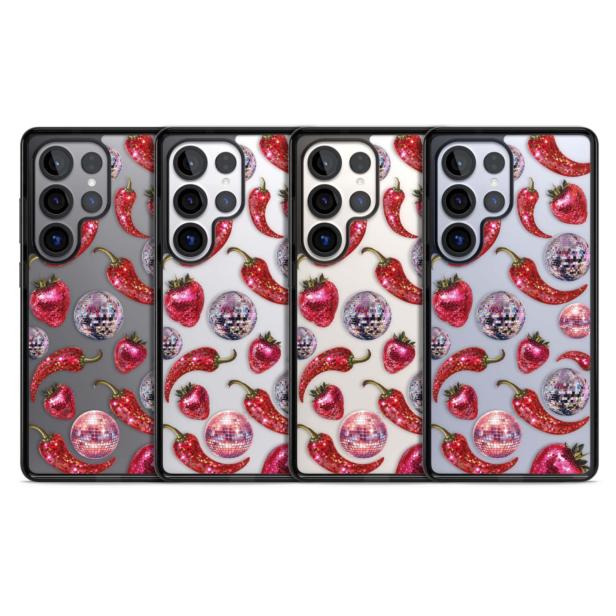 Spicy Disco Y2K iPhone case featuring glitter disco balls, sparkly strawberries and red chilli peppers | Black Impact case for Samsung Galaxy S25 Ultra