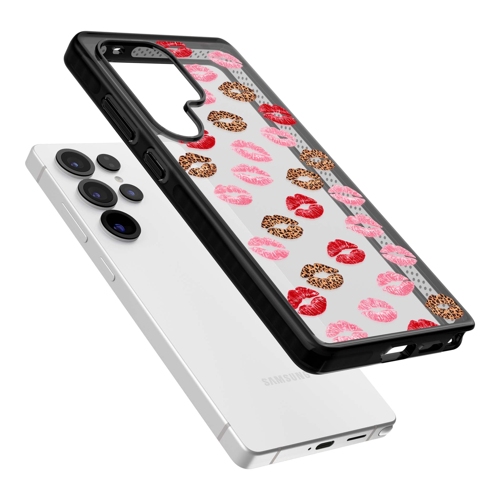 Wild Kisses coquette iPhone case featuring red, pink and leopard print lipstick kiss marks on a clear background | Black Impact case for Samsung Galaxy S25 Ultra