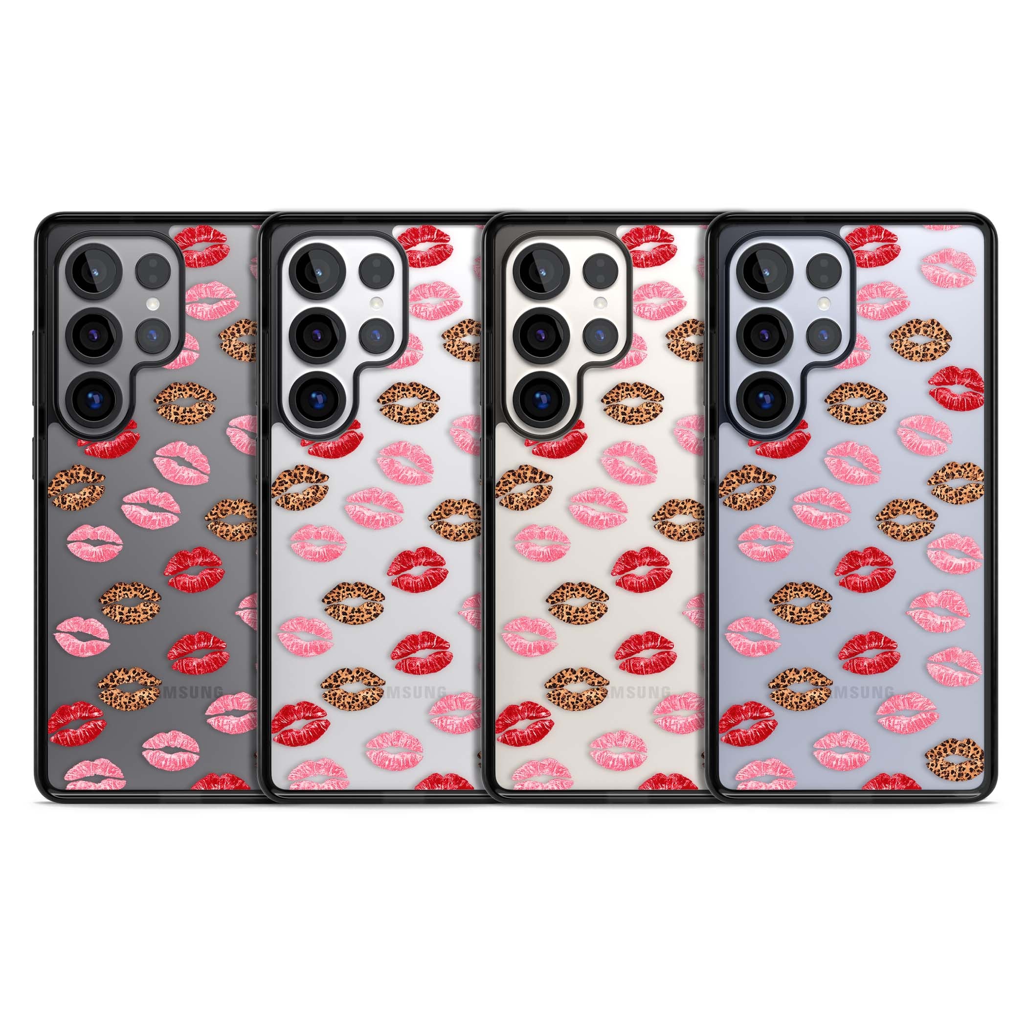 Wild Kisses coquette iPhone case featuring red, pink and leopard print lipstick kiss marks on a clear background | Black Impact case for Samsung Galaxy S25 Ultra