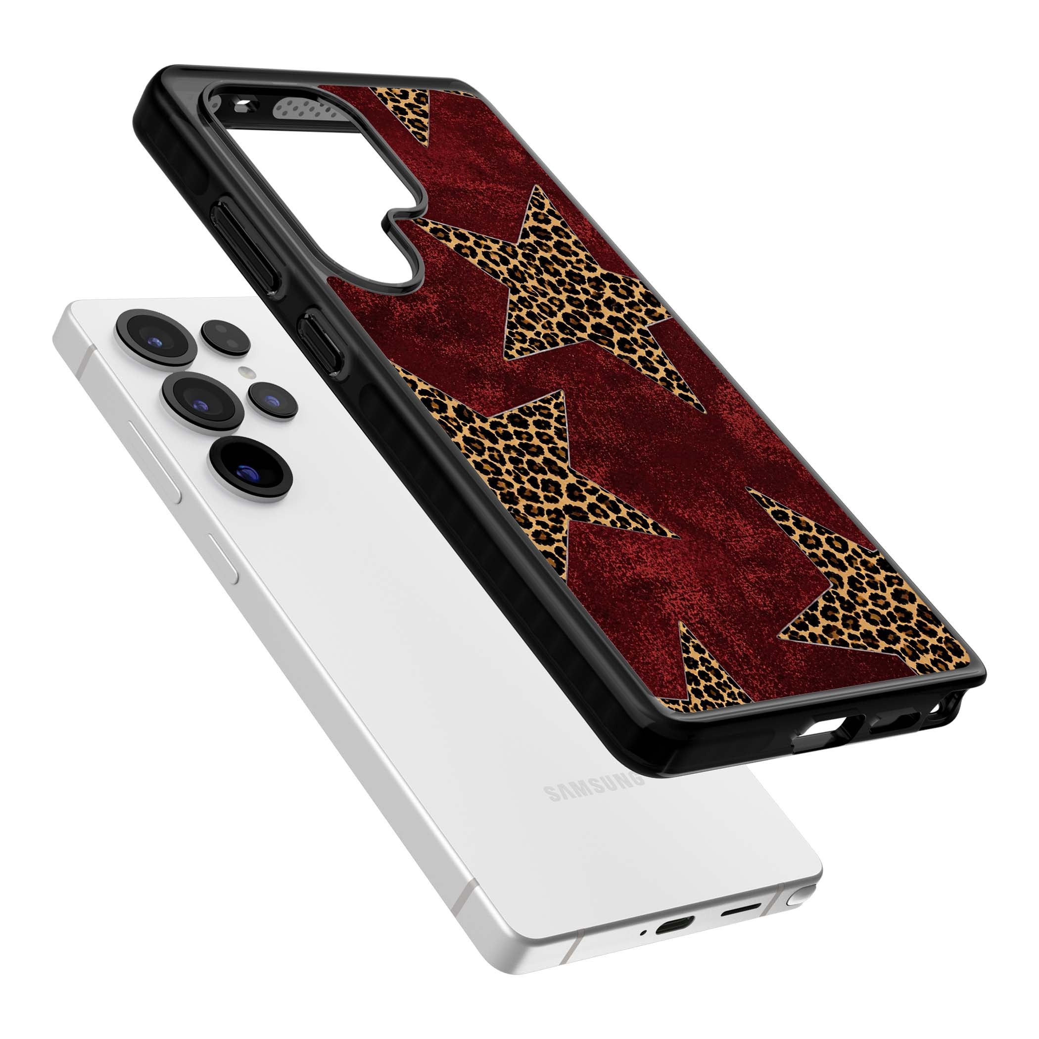 Showgirl leopard print iPhone case featuring cheetah print stars on distressed red grunge background | Black Impact case for Samsung Galaxy S25 Ultra