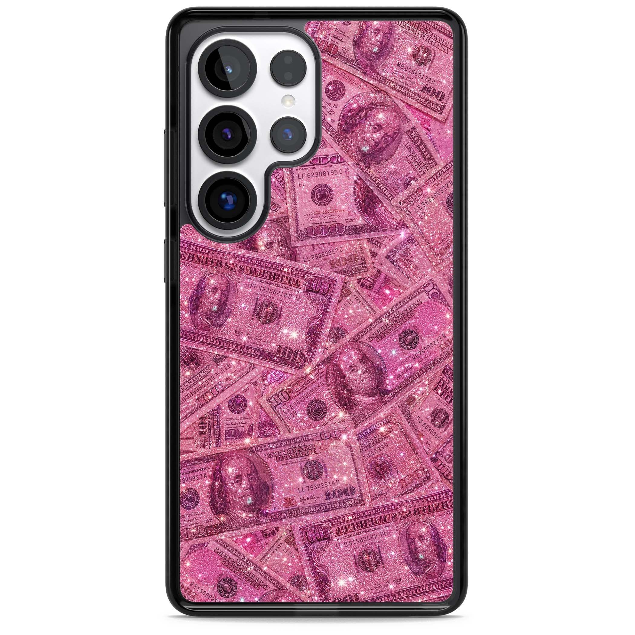 Glamorous baddie iPhone case featuring pink glitter hundred dollar bills and sparkling money wallpaper design | Black Impact case for Samsung Galaxy S25 Ultra