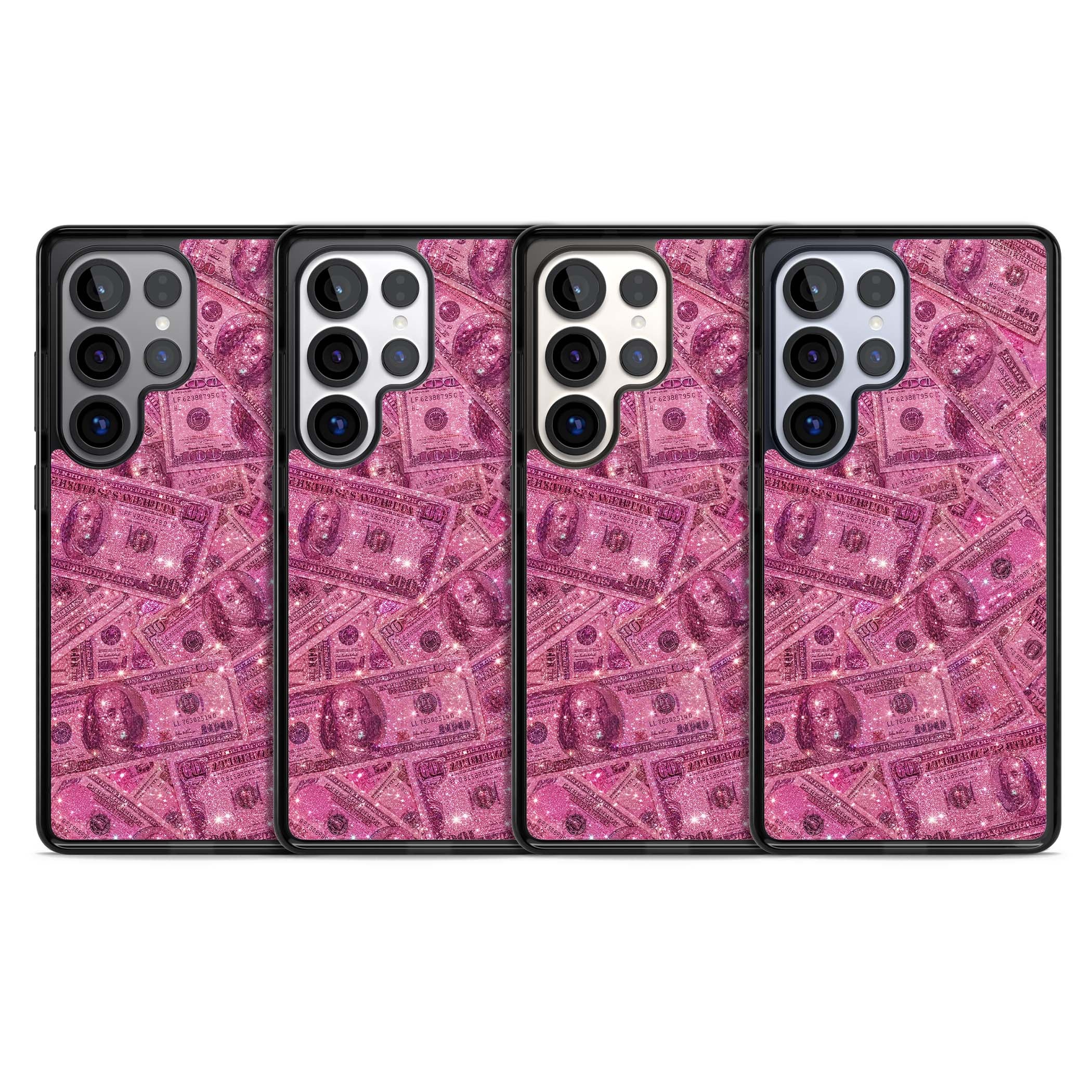 Glamorous baddie iPhone case featuring pink glitter hundred dollar bills and sparkling money wallpaper design | Black Impact case for Samsung Galaxy S25 Ultra