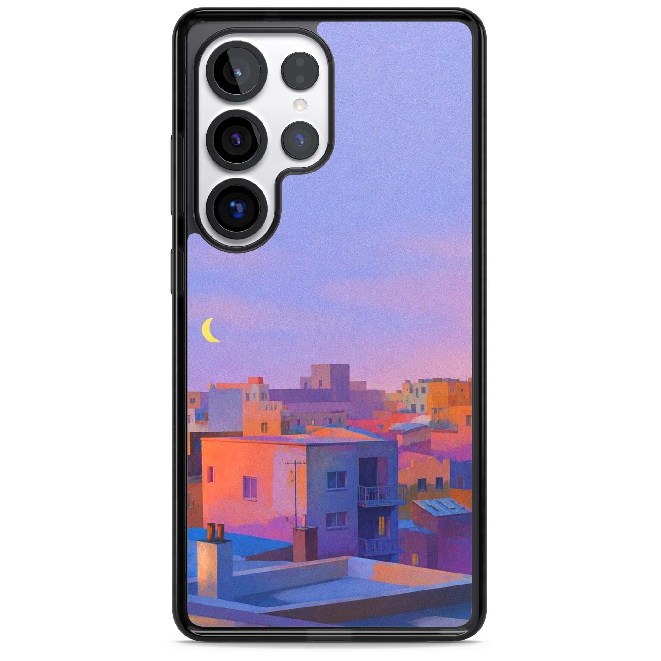Twilight Rooftops vaporwave iPhone case featuring a pastel sunset cityscape, painted rooftops and a crescent moon. | Black Impact case for Samsung Galaxy S25 Ultra