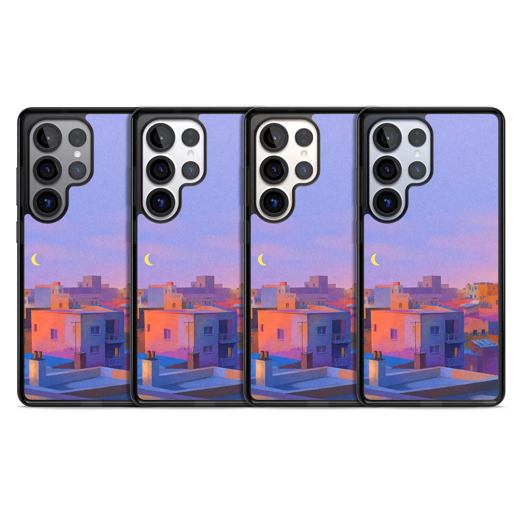 Twilight Rooftops vaporwave iPhone case featuring a pastel sunset cityscape, painted rooftops and a crescent moon. | Black Impact case for Samsung Galaxy S25 Ultra