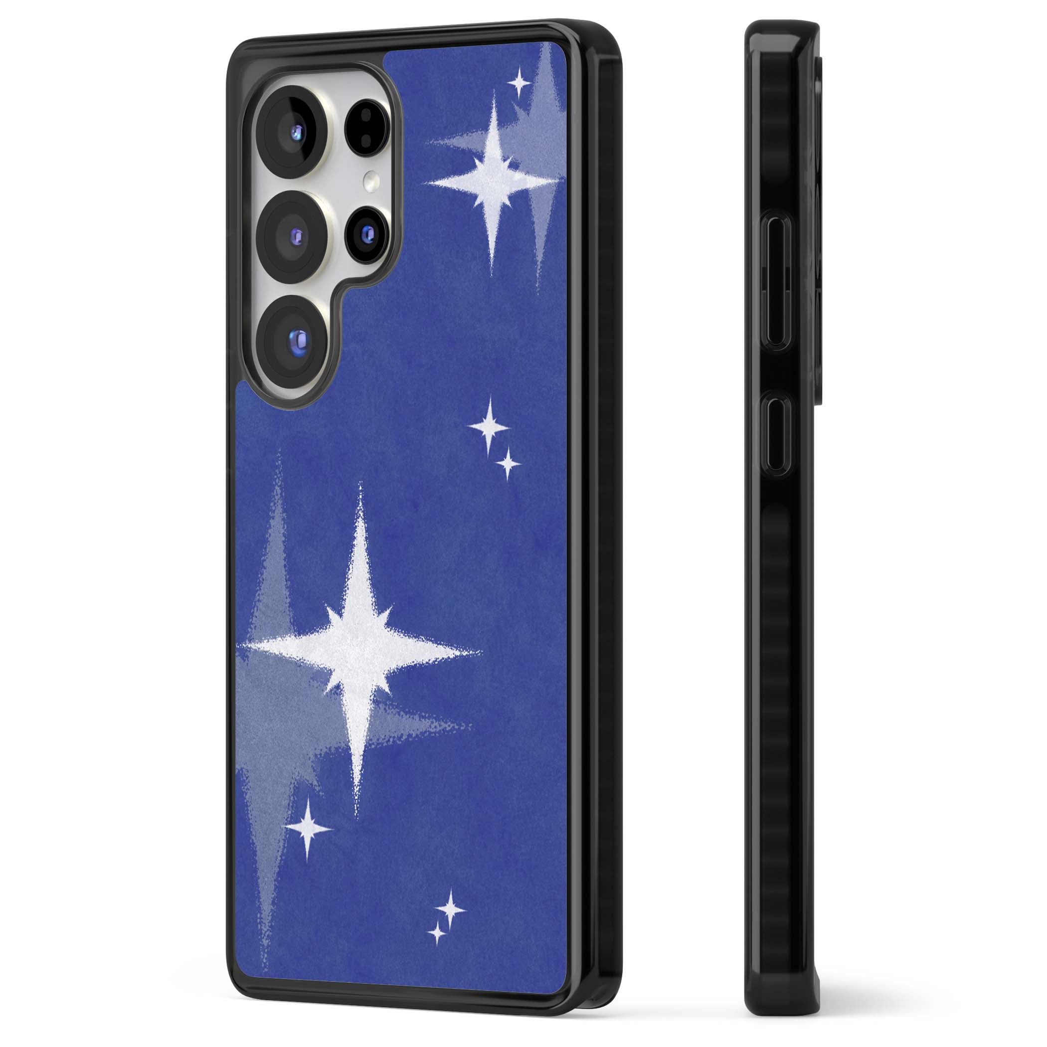 Blue Sparkle celestial iPhone case featuring sparkling silver stars on a deep blue painterly night sky | Black Impact case for Samsung Galaxy S25 Ultra