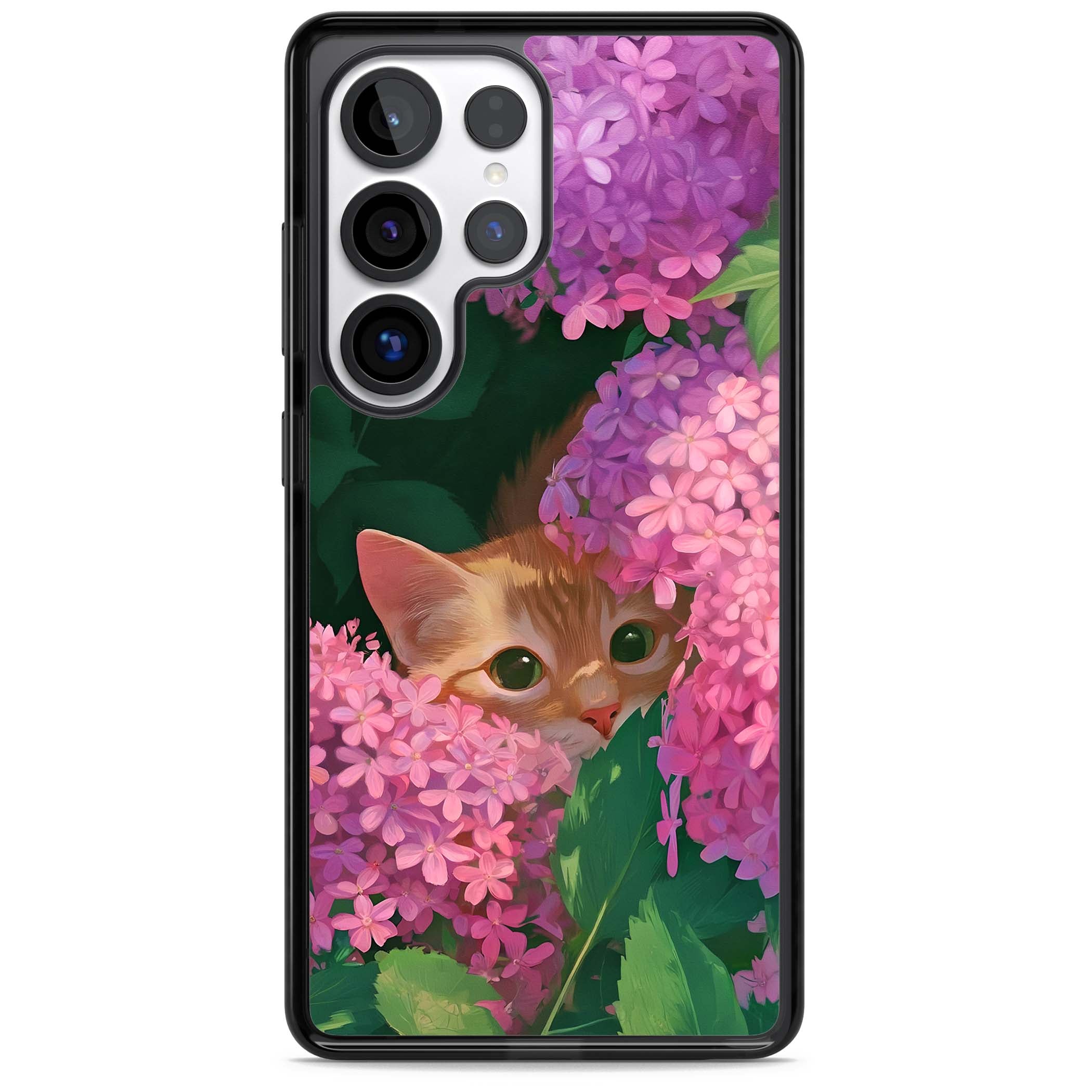 Cat In Pink Flowers cottagecore iPhone case featuring a ginger kitten peeking through lilac and pink hydrangea flo | Black Impact case for Samsung Galaxy S25 Ultra